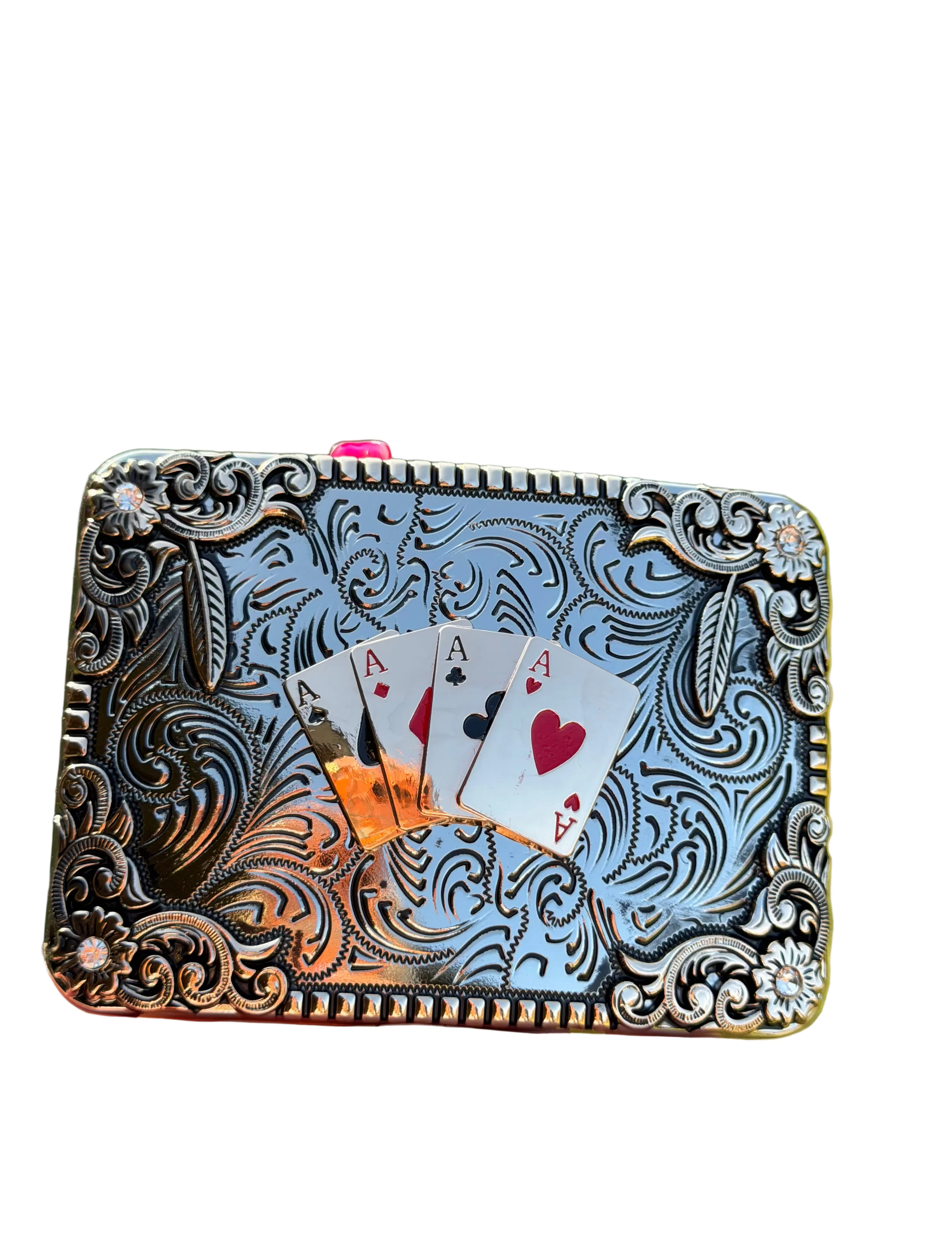 Four Aces Western Belt Buckle with Floral Scroll Design