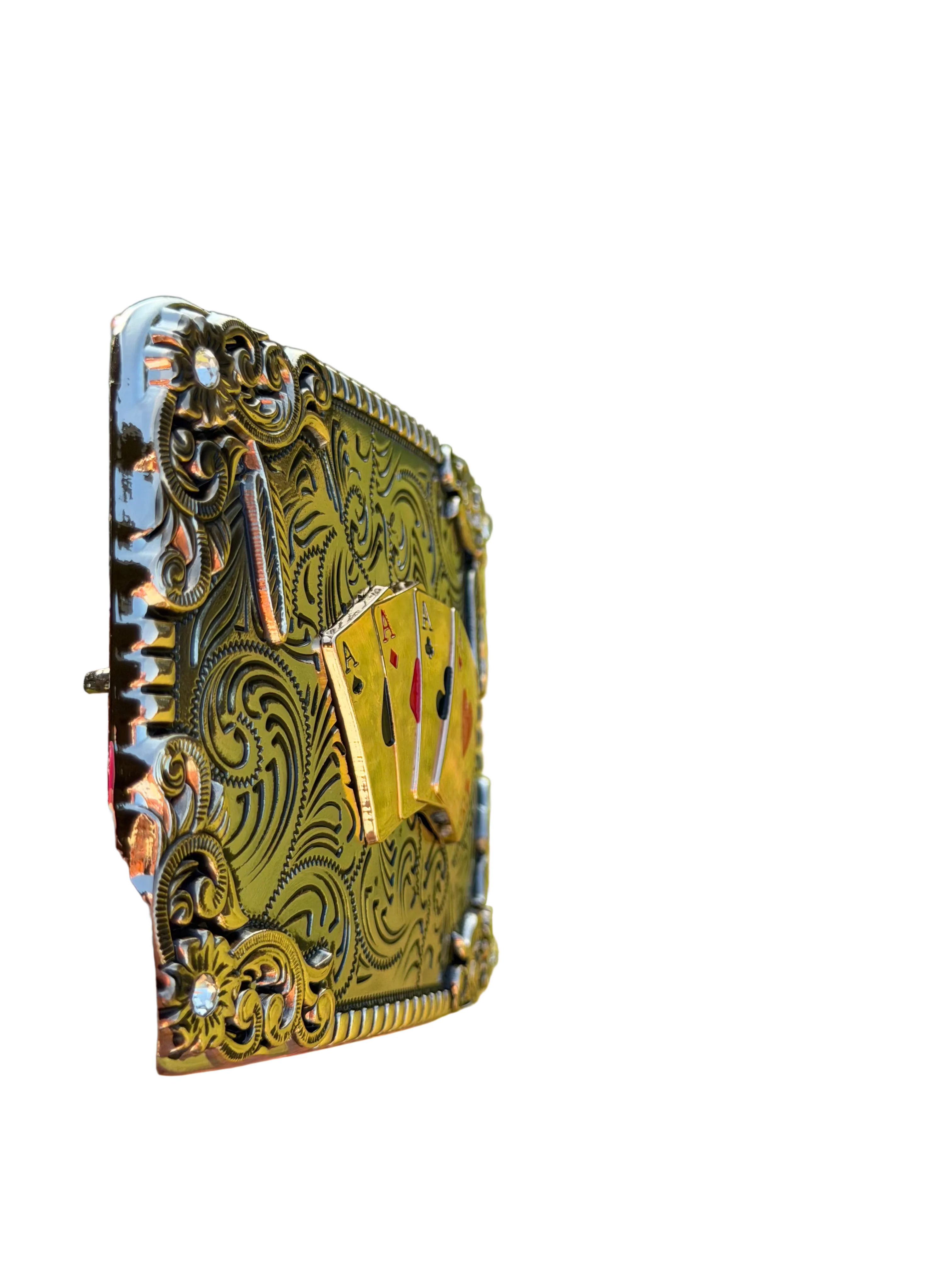 Four Aces Western Belt Buckle with Floral Scroll Design