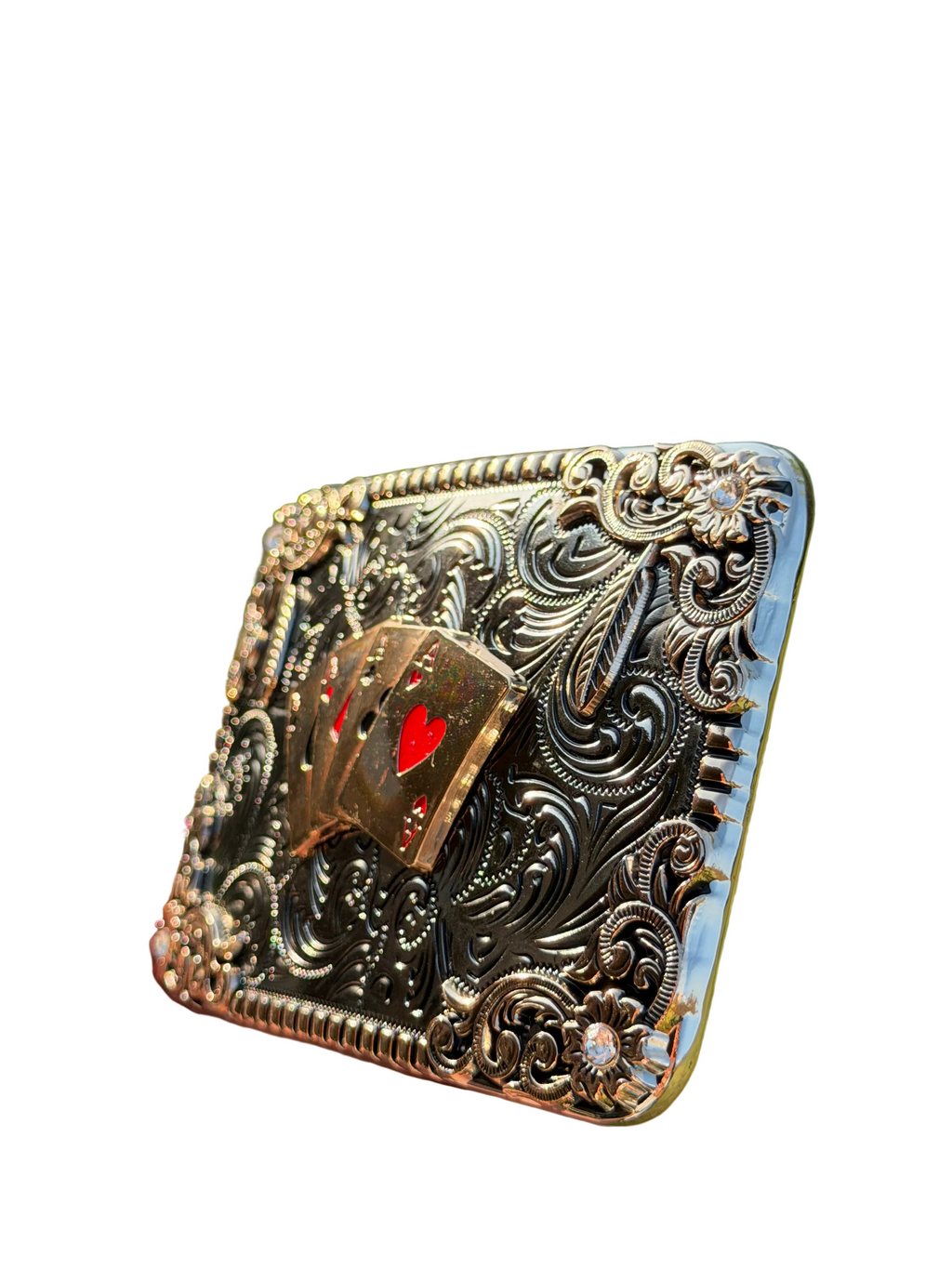 Four Aces Western Belt Buckle with Floral Scroll Design