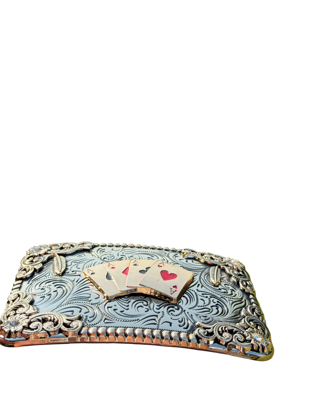 Four Aces Western Belt Buckle with Floral Scroll Design