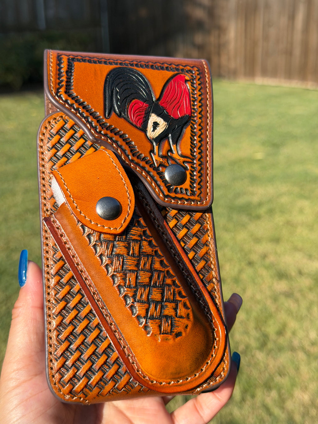Leather Cell Phone Holster with Rooster Design