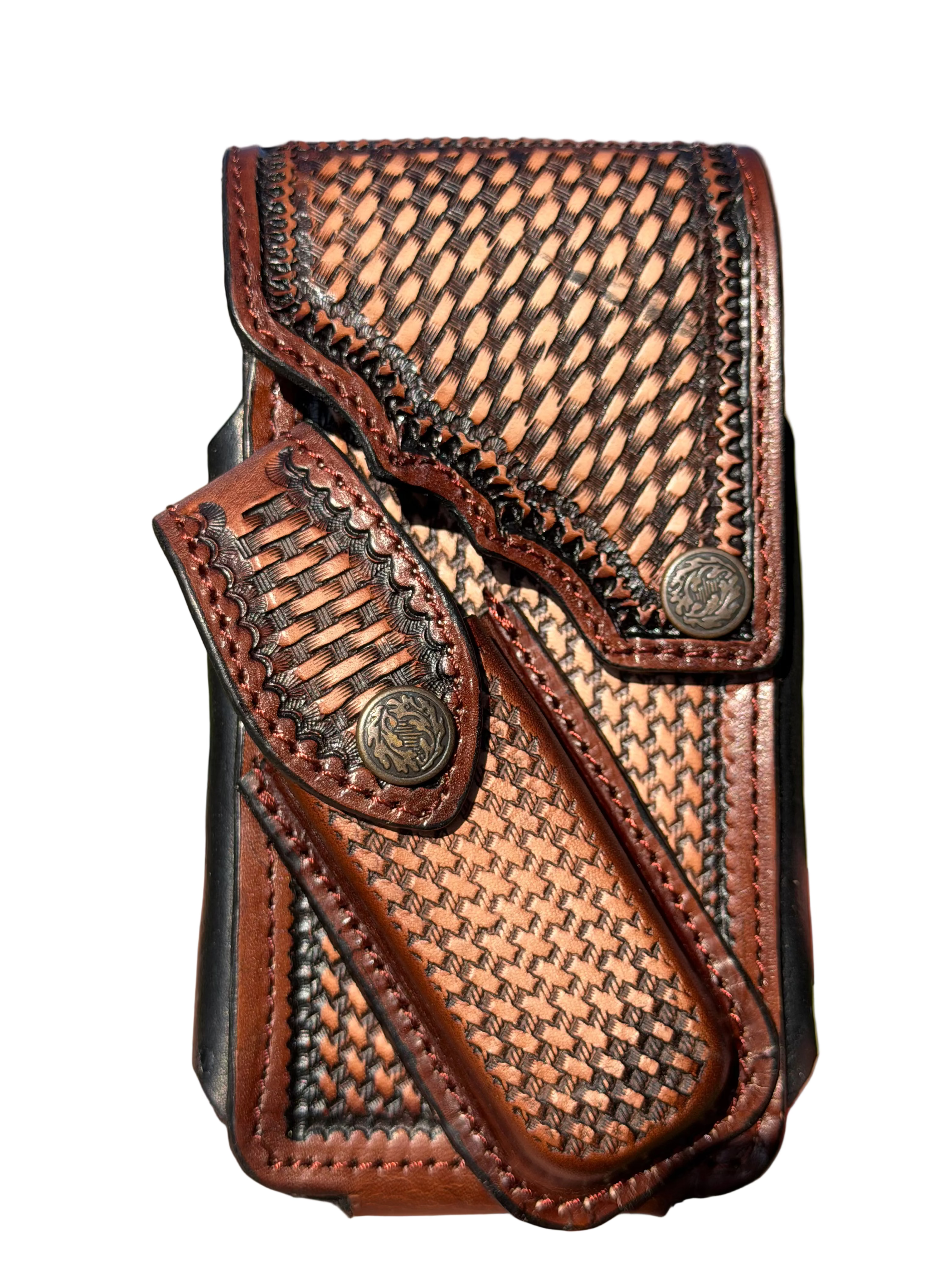 Leather Cellphone Holster with Utility Pocket – Brown Basket-Weave Belt Pouch