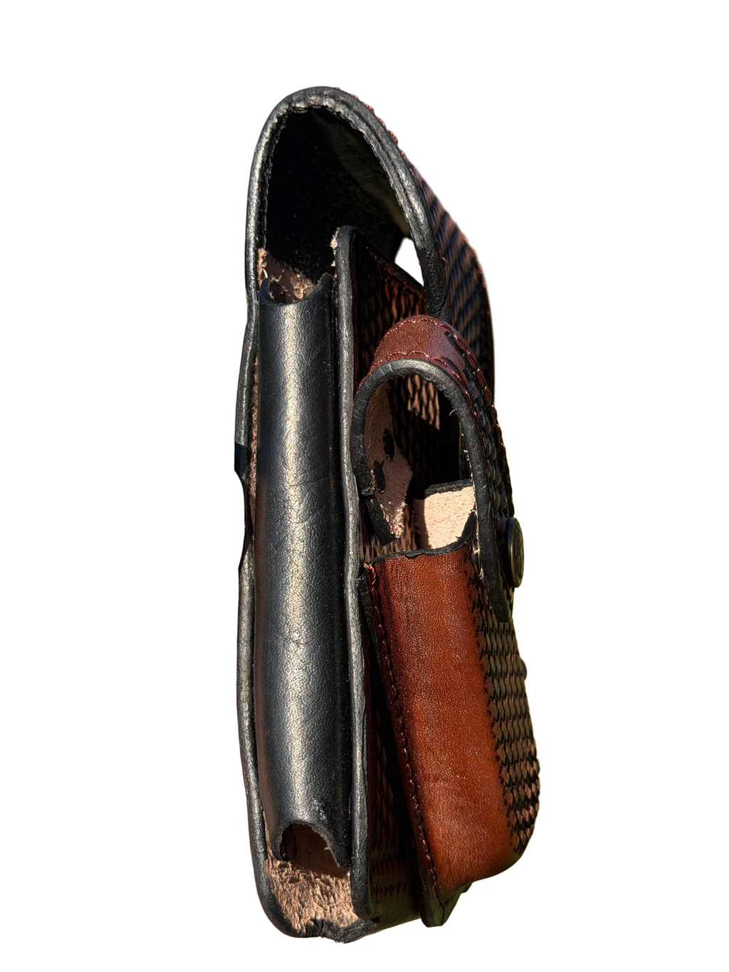 Leather Cellphone Holster with Utility Pocket – Brown Basket-Weave Belt Pouch