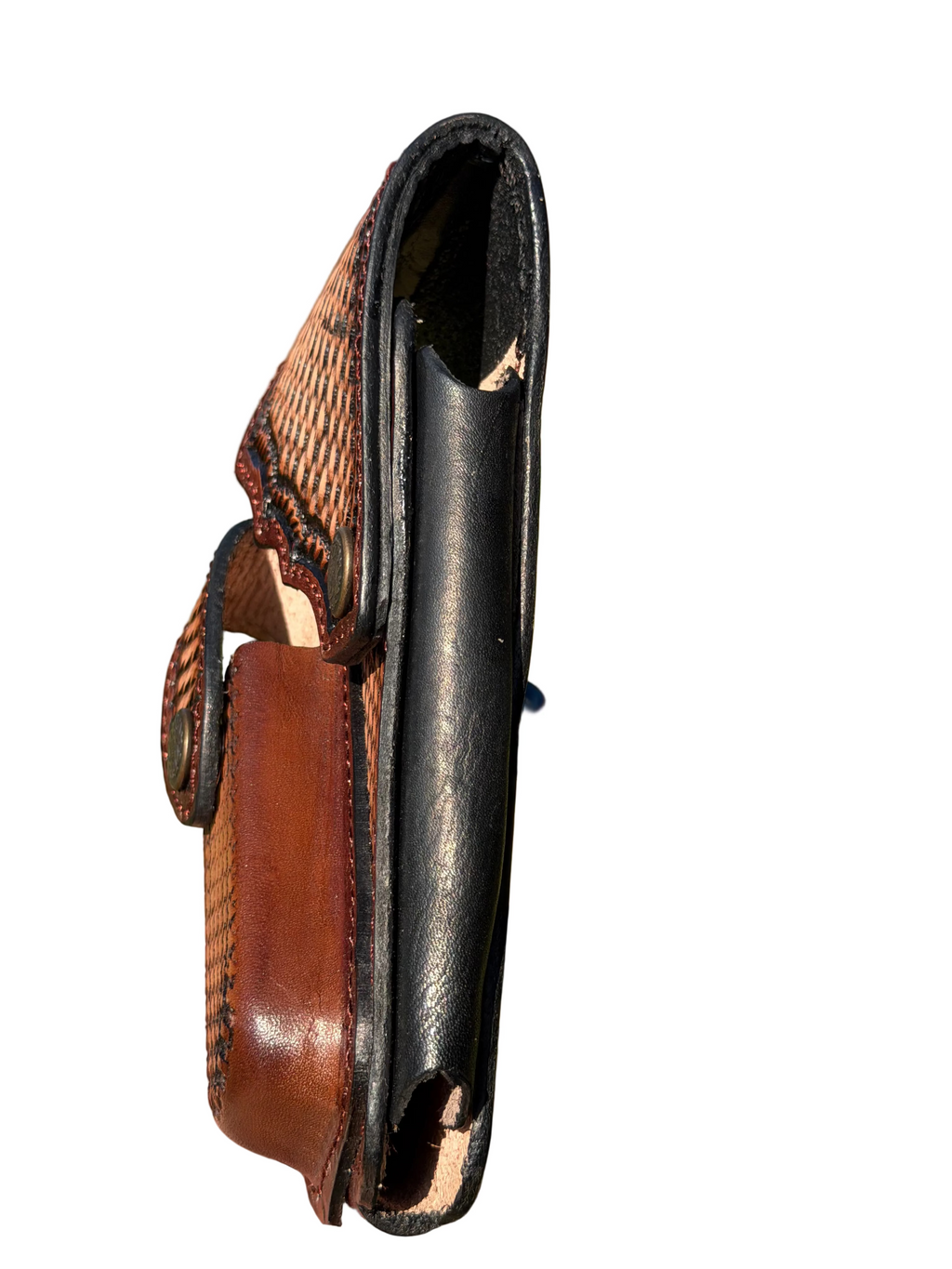 Leather Cellphone Holster with Utility Pocket – Brown Basket-Weave Belt Pouch