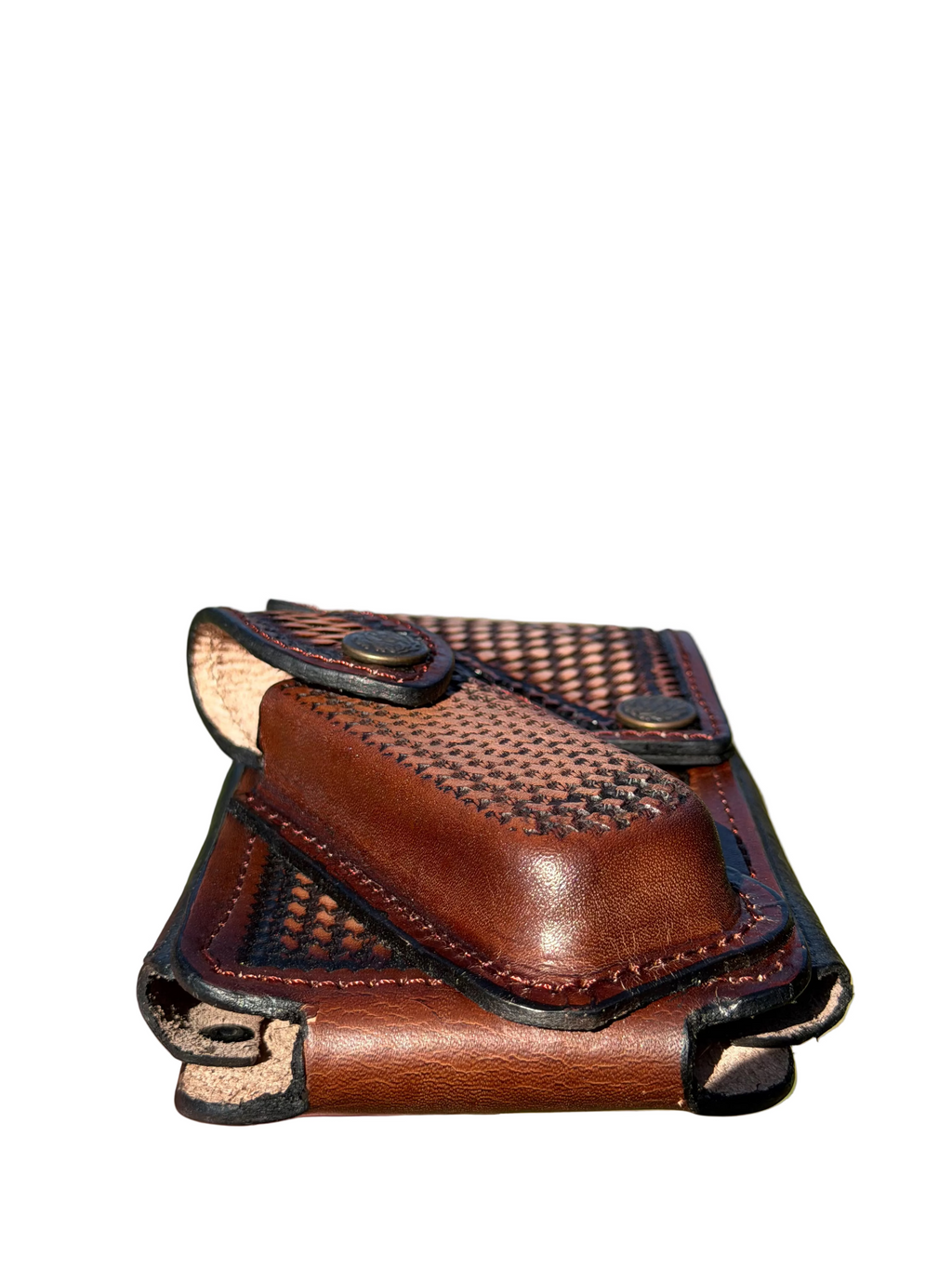 Leather Cellphone Holster with Utility Pocket – Brown Basket-Weave Belt Pouch