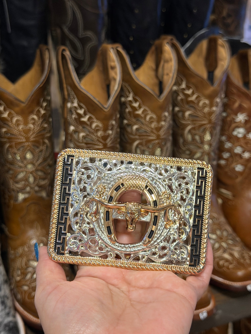 Western Longhorn Gold Belt Buckle | Cowboy Rodeo Style