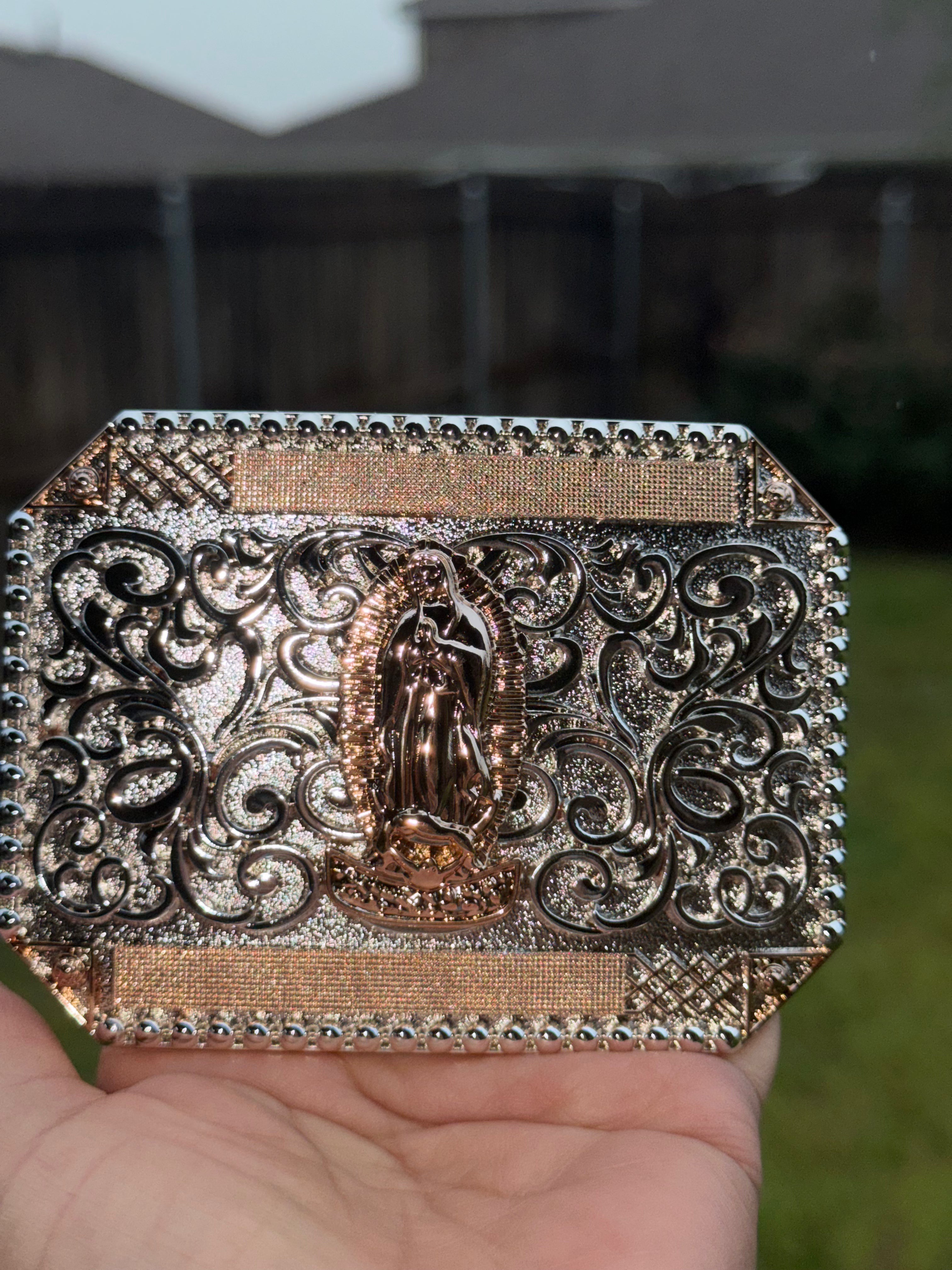 Western Belt Buckle with Virgen de Guadalupe Engraved Design