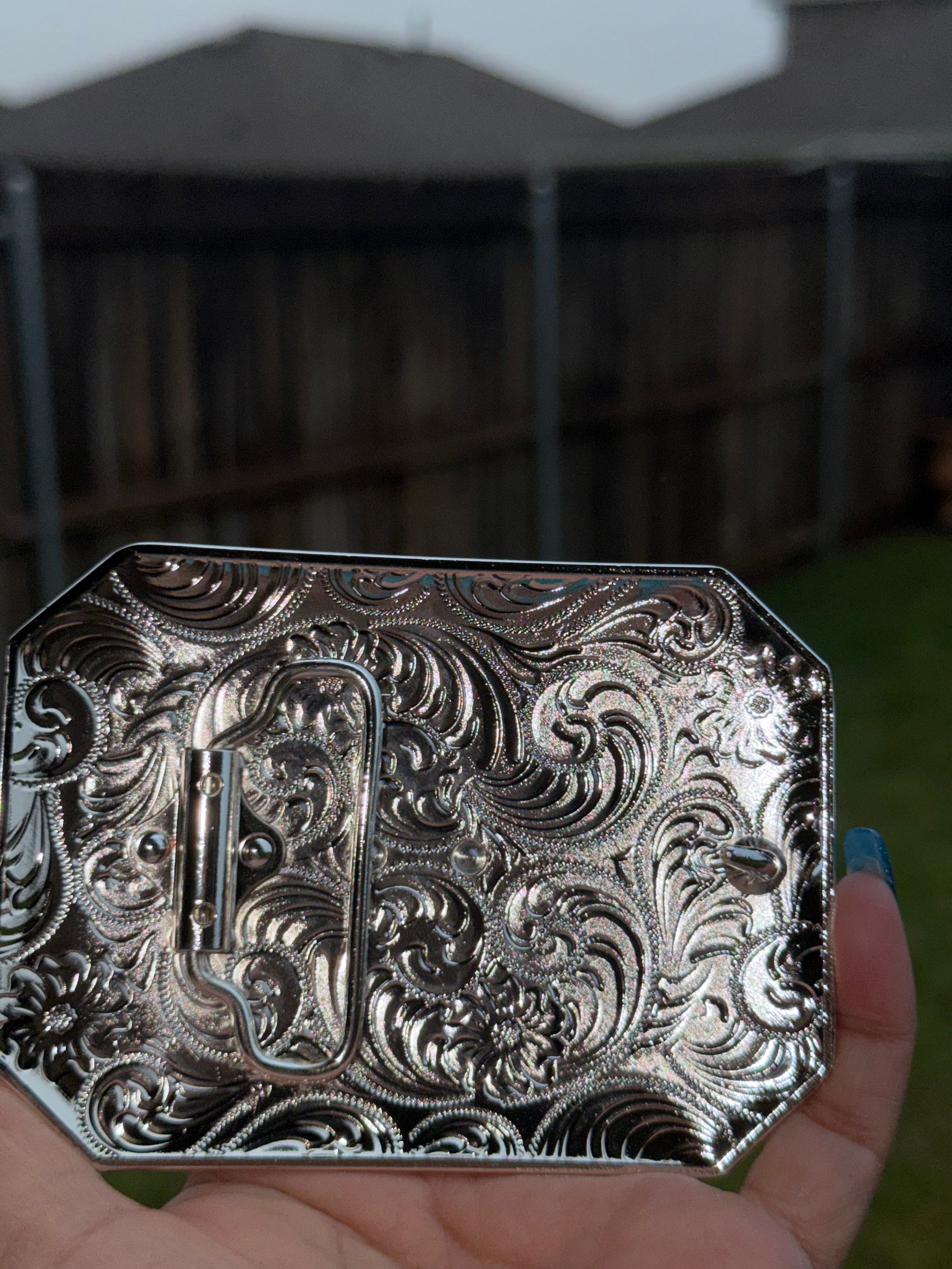 Western Belt Buckle with Virgen de Guadalupe Engraved Design
