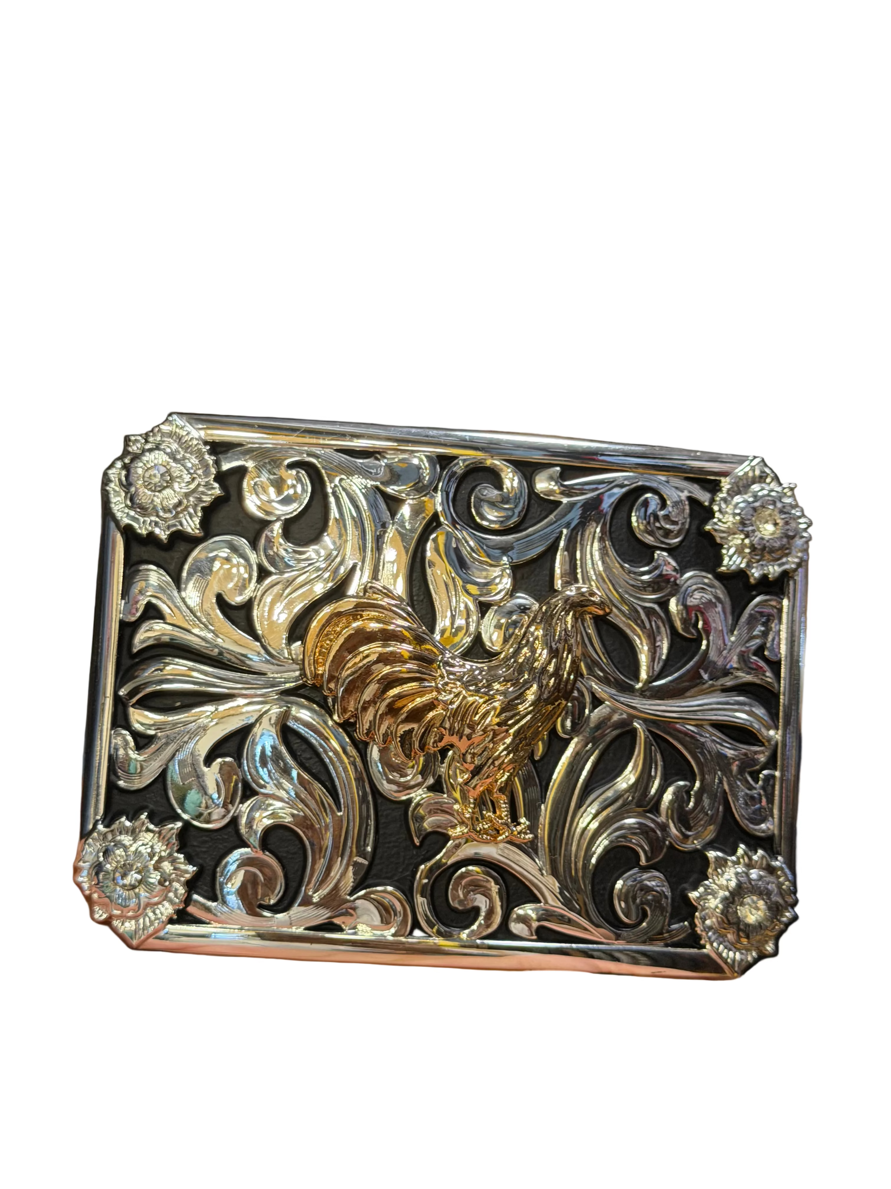 Western Rooster Engraved Belt Buckle for Men & Women – Silver Tone with Gold Rooster Accent