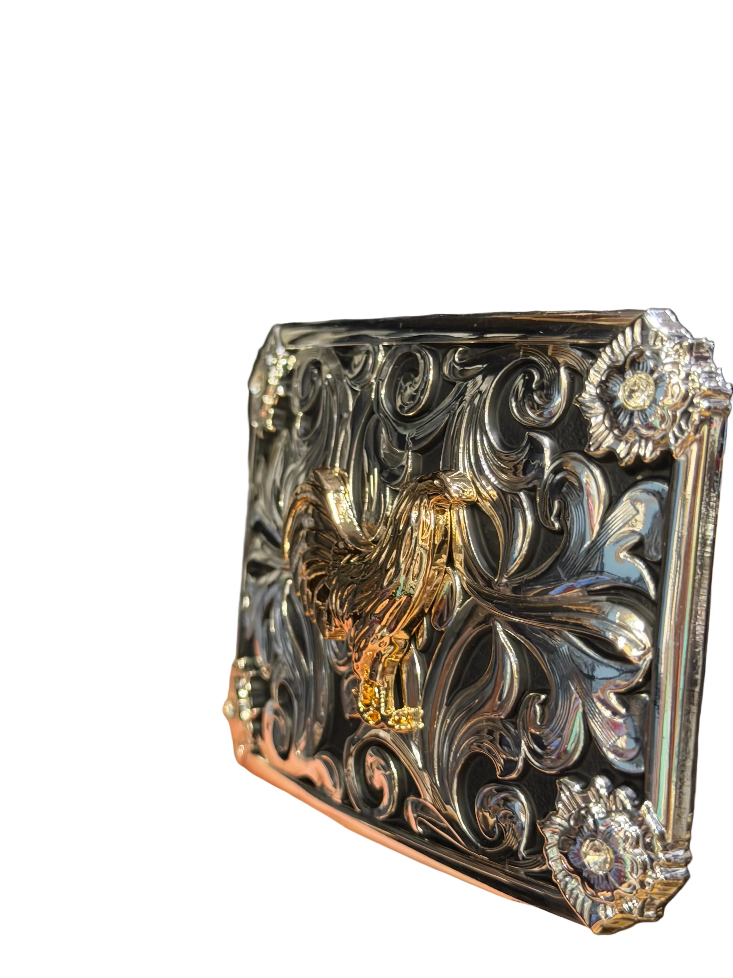 Western Rooster Engraved Belt Buckle for Men & Women – Silver Tone with Gold Rooster Accent