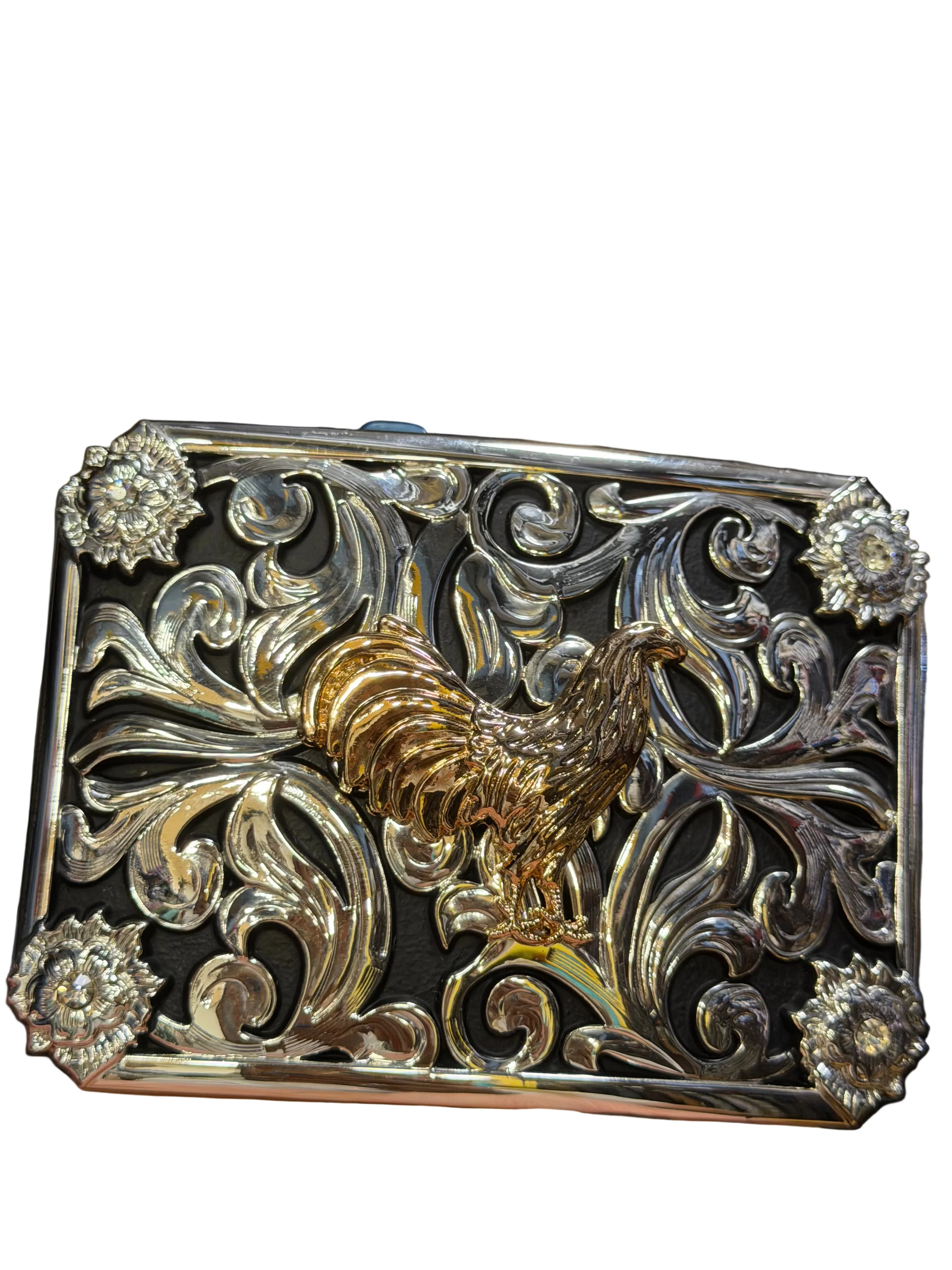 Western Rooster Engraved Belt Buckle for Men & Women – Silver Tone with Gold Rooster Accent