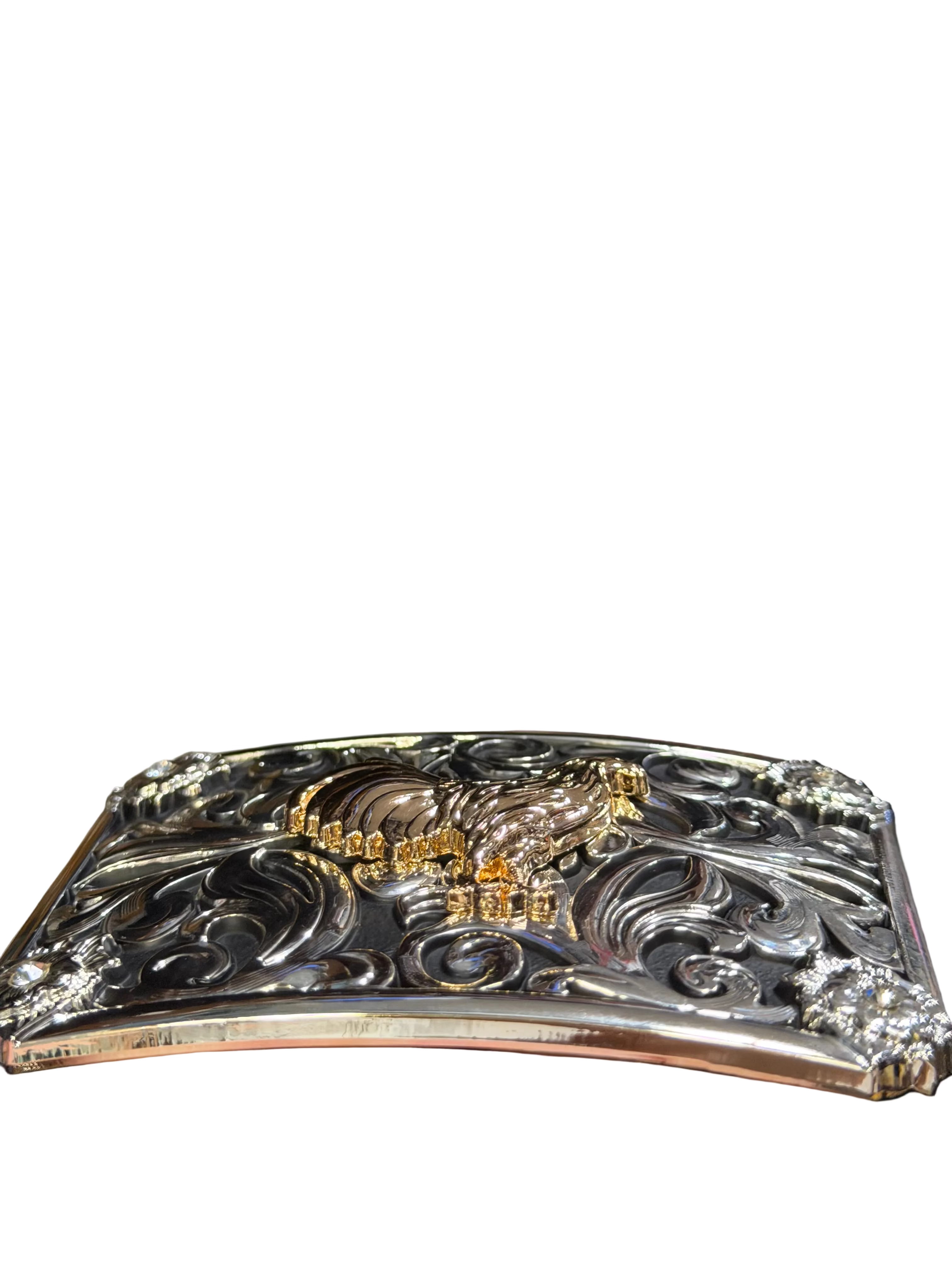 Western Rooster Engraved Belt Buckle for Men & Women – Silver Tone with Gold Rooster Accent