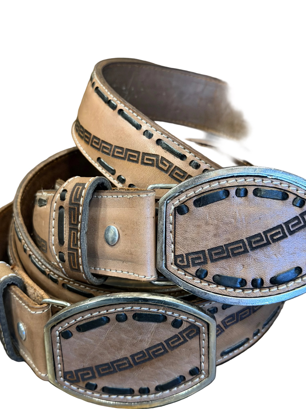 Geuine Leather Western Belt with Tooled Greek Key Design Cowboy Belt for Men & Women