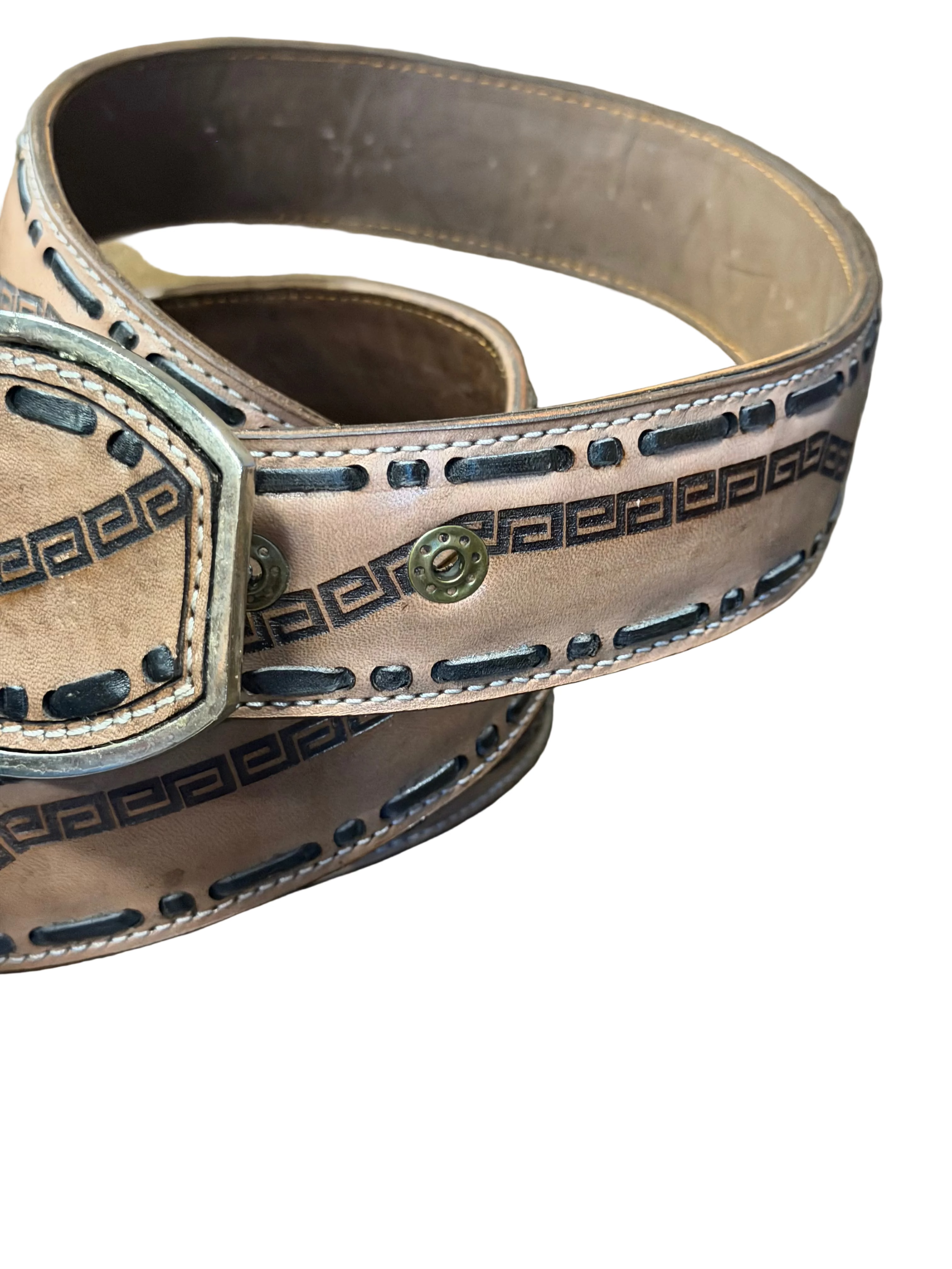 Geuine Leather Western Belt with Tooled Greek Key Design Cowboy Belt for Men & Women