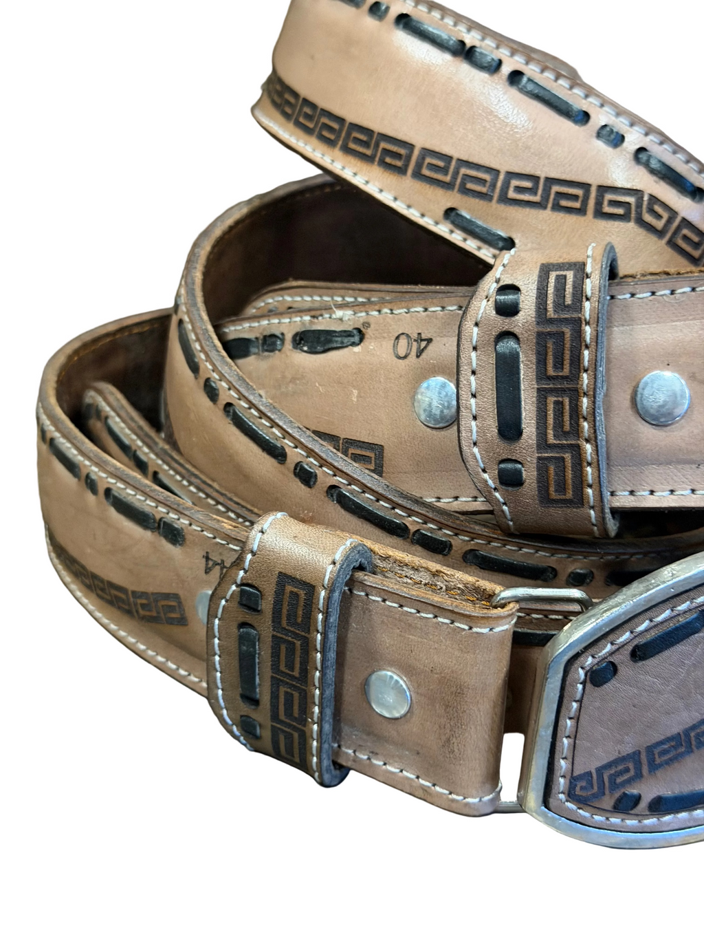 Geuine Leather Western Belt with Tooled Greek Key Design Cowboy Belt for Men & Women