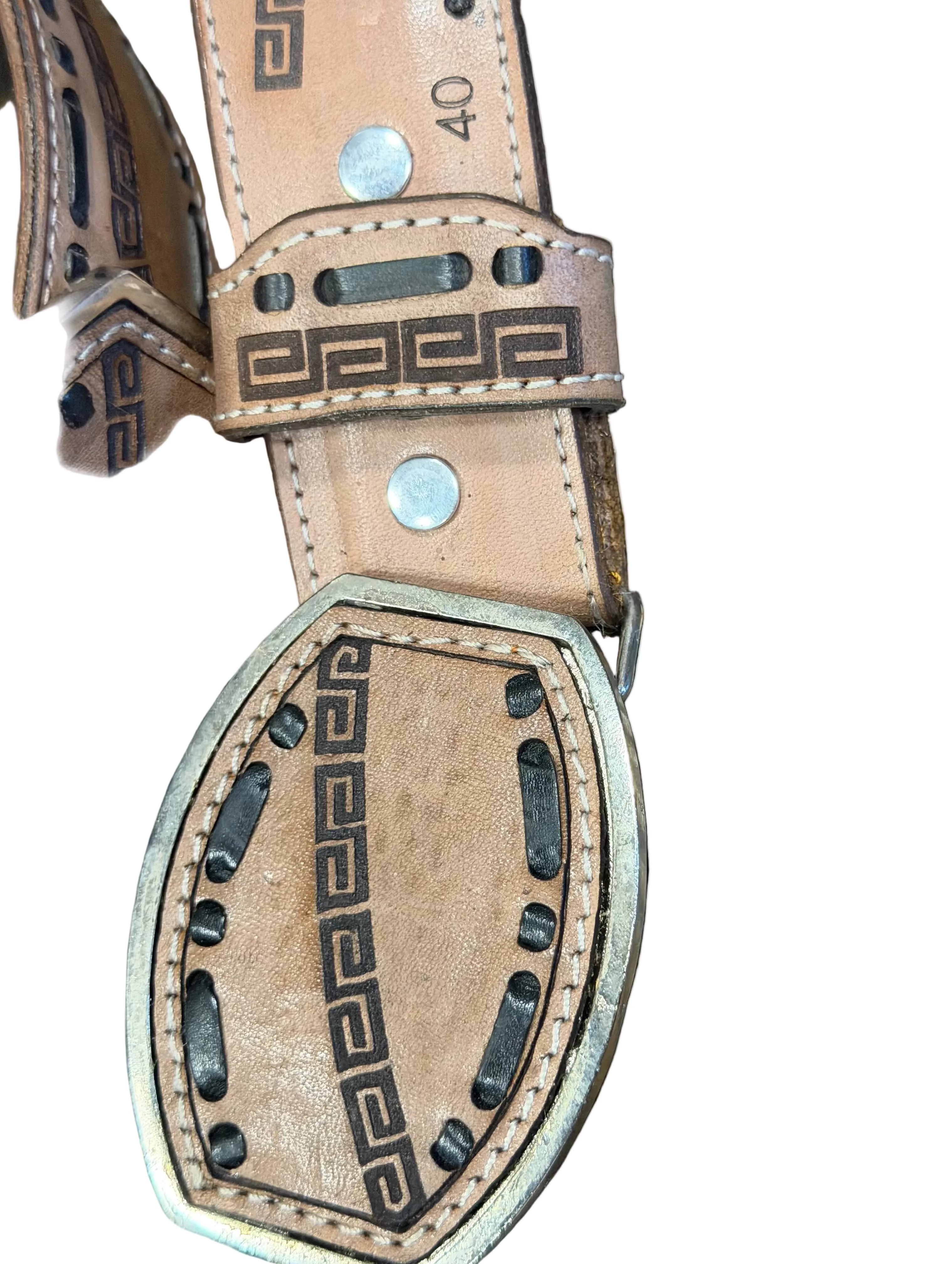 Geuine Leather Western Belt with Tooled Greek Key Design Cowboy Belt for Men & Women