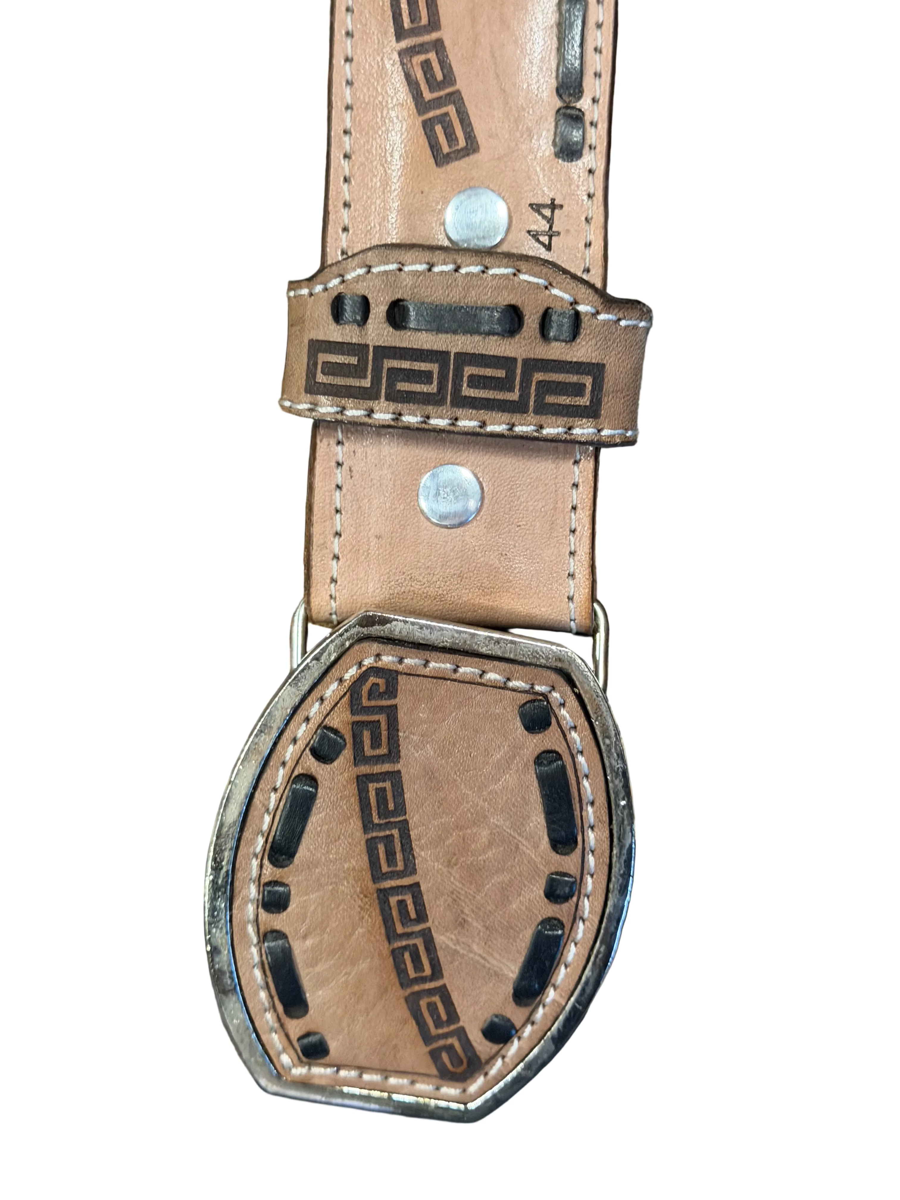Geuine Leather Western Belt with Tooled Greek Key Design Cowboy Belt for Men & Women