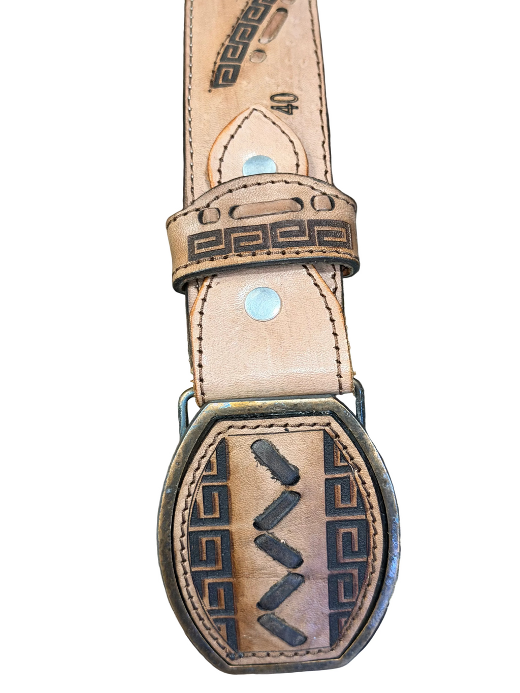 Geuine Leather Western Belt with Tooled Greek Key Design Cowboy Belt for Men & Women