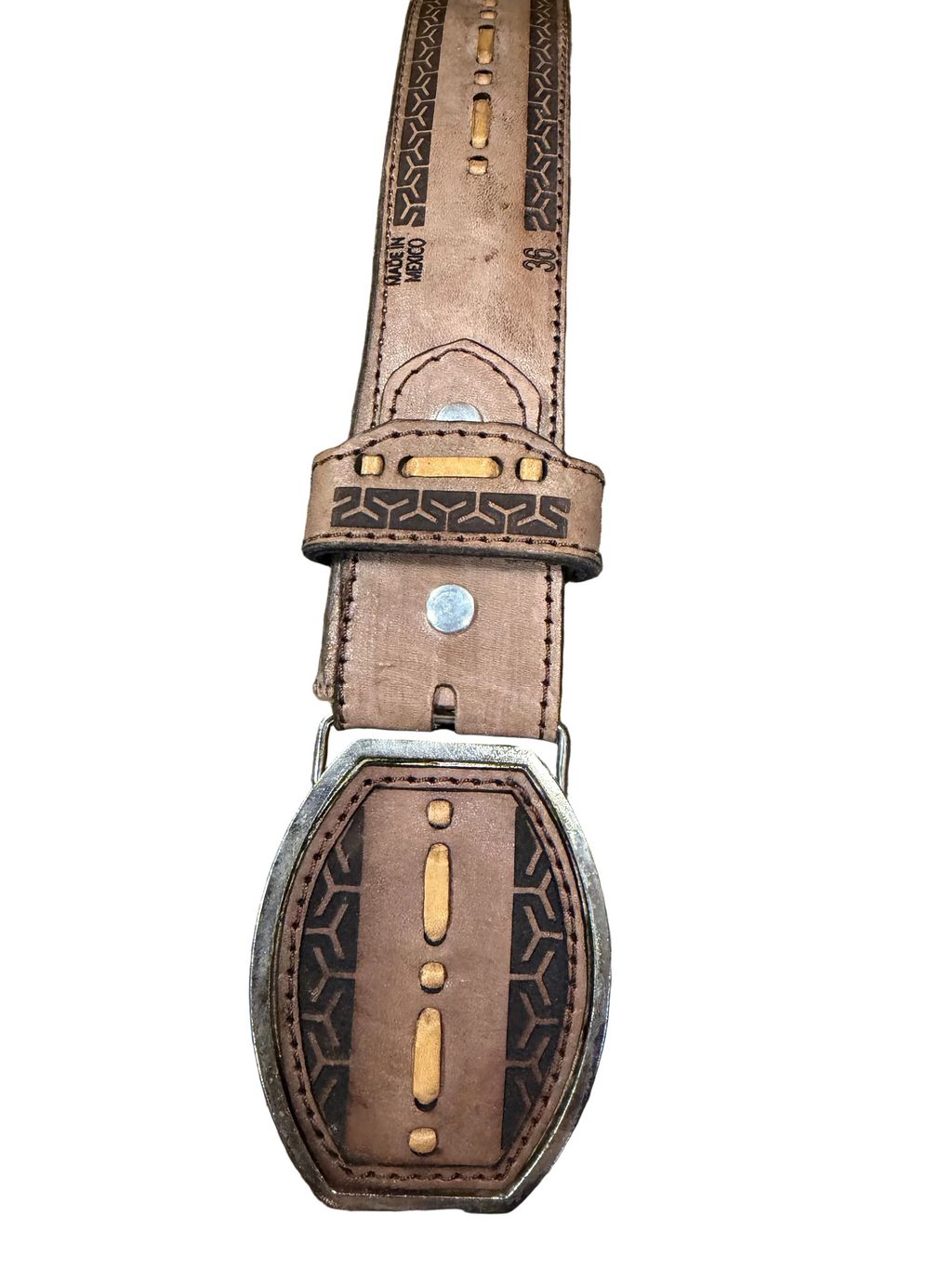 Geuine Leather Western Belt with Tooled Greek Key Design Cowboy Belt for Men & Women
