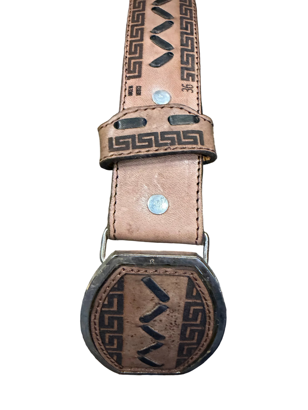 Geuine Leather Western Belt with Tooled Greek Key Design Cowboy Belt for Men & Women