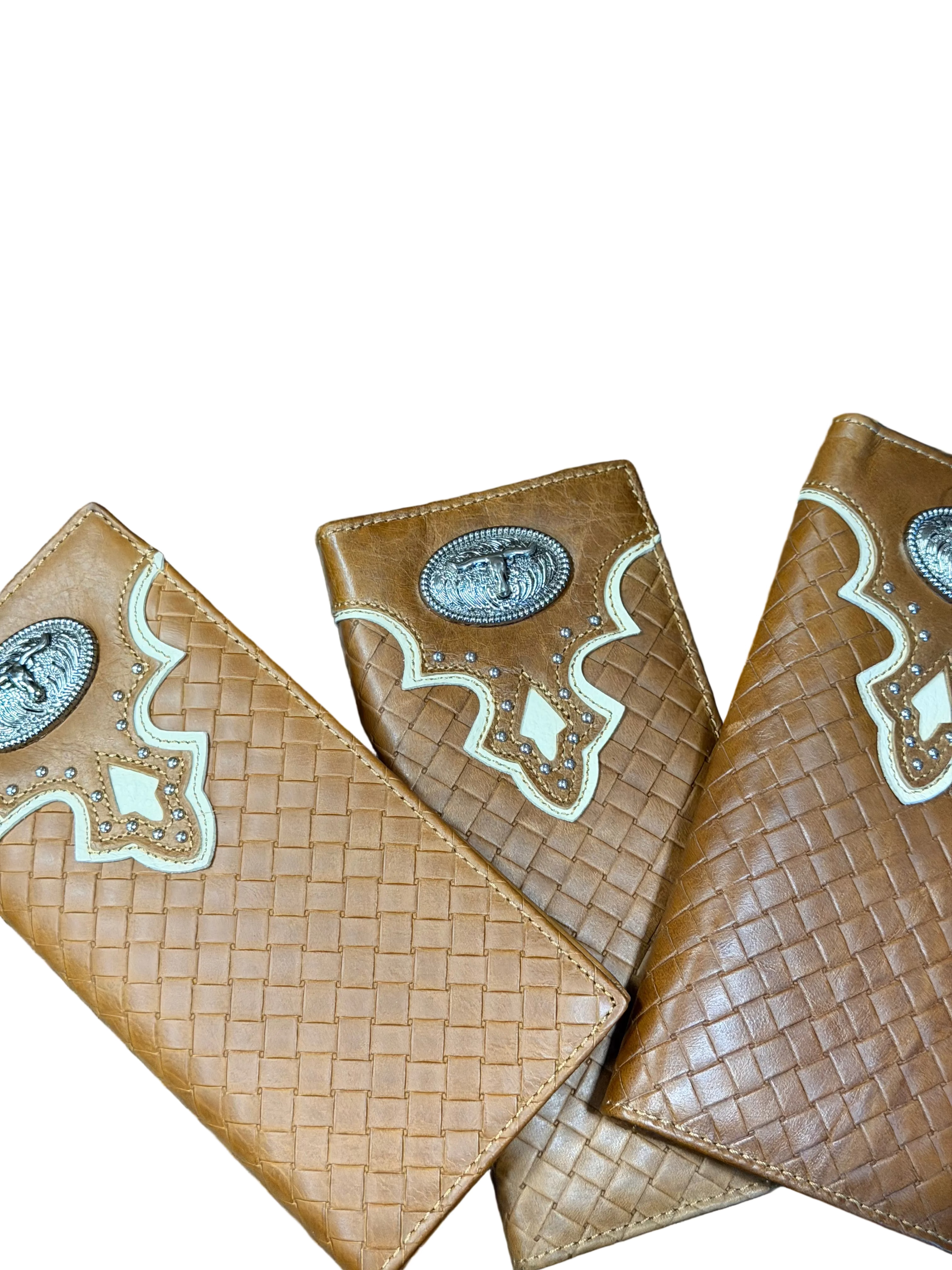 Western Tooled Bifold Wallet for Men – Basket Weave Leather Look Rodeo Wallet with Bull Concho