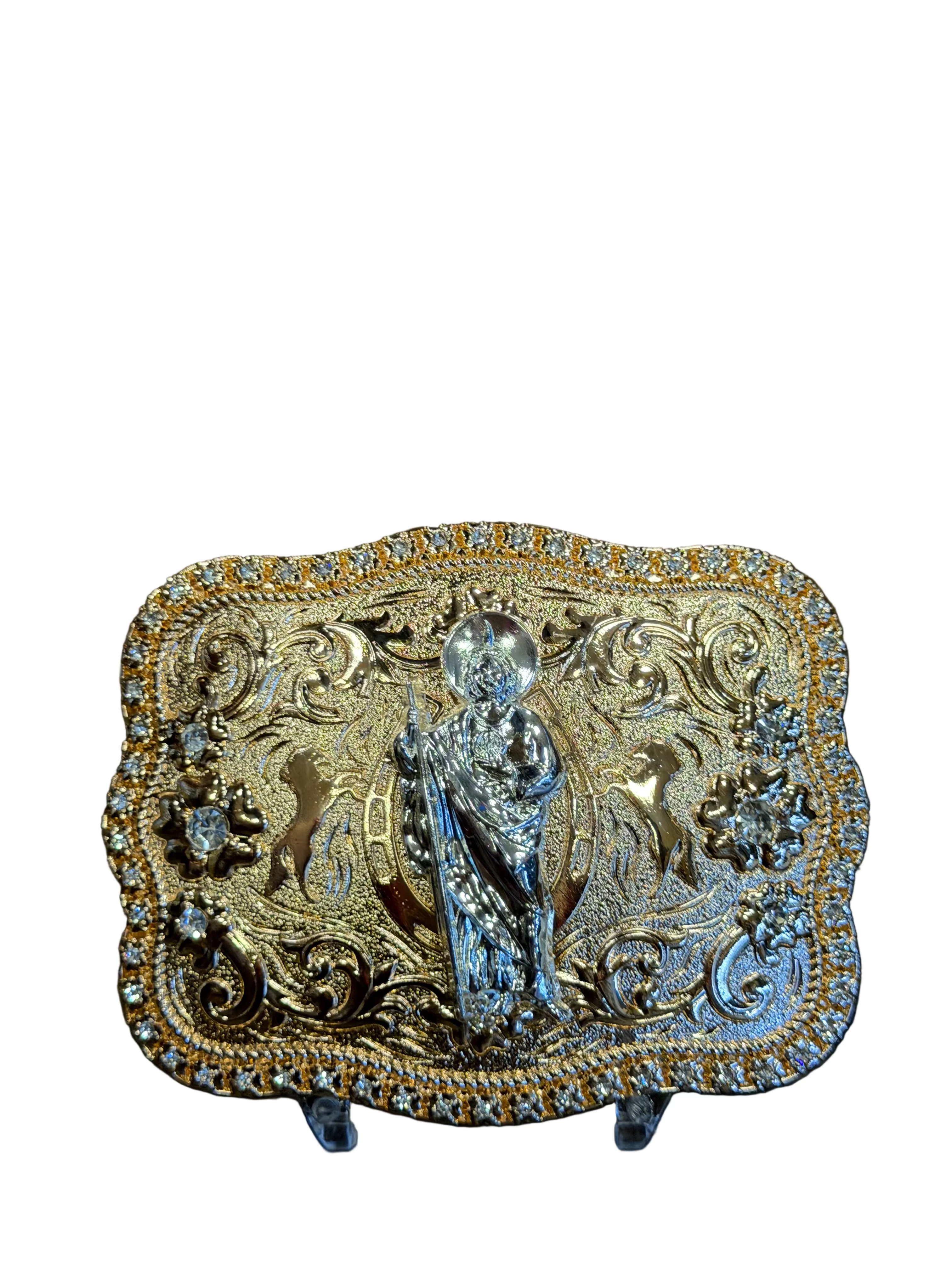 Western Saint Jude Rhinestone Belt Buckle for Men and Women