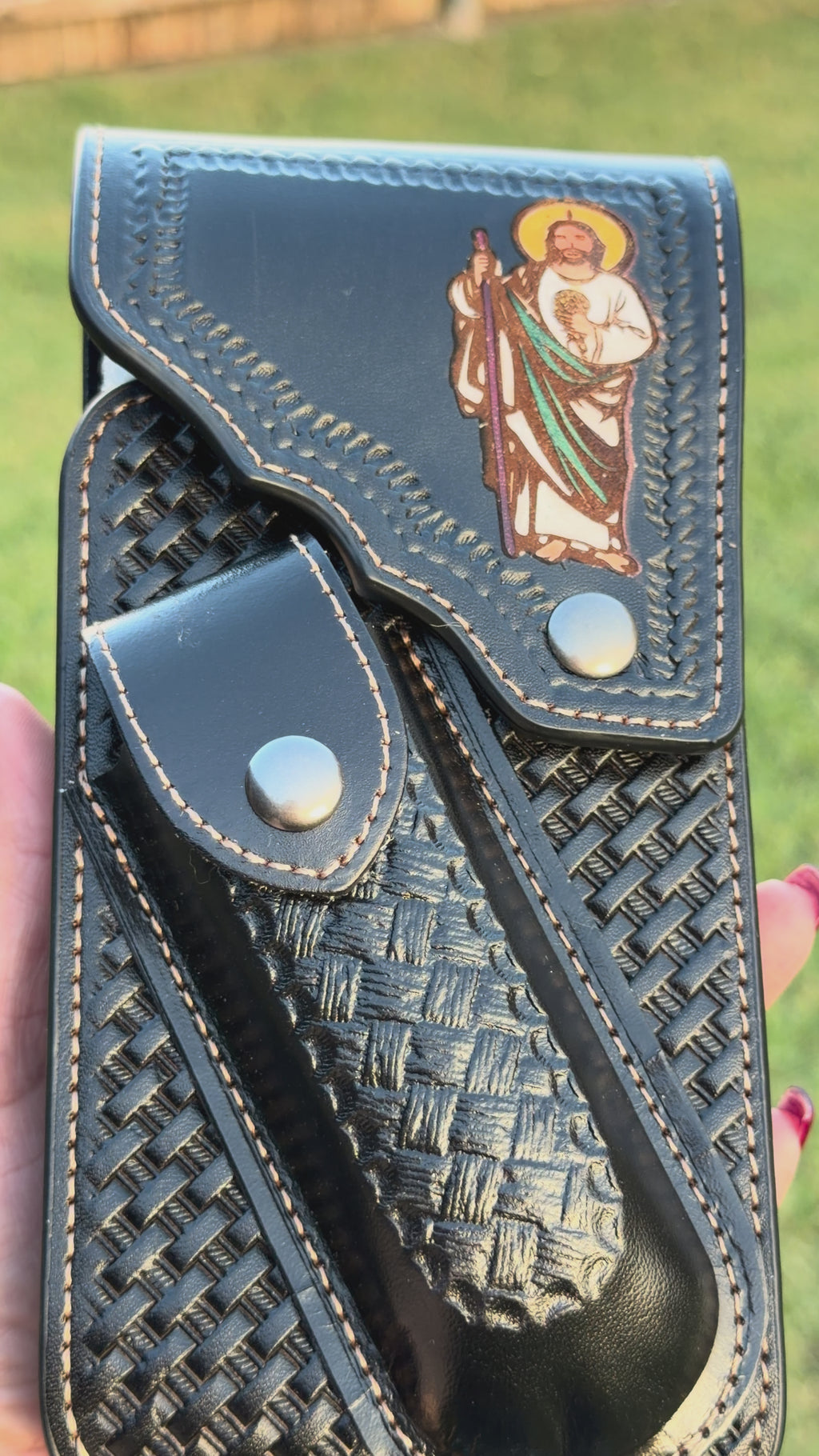 Western Tooled Leather Cell Phone Holster with Belt Loop & Knife Sheath – Handmade Cowboy Phone Holder