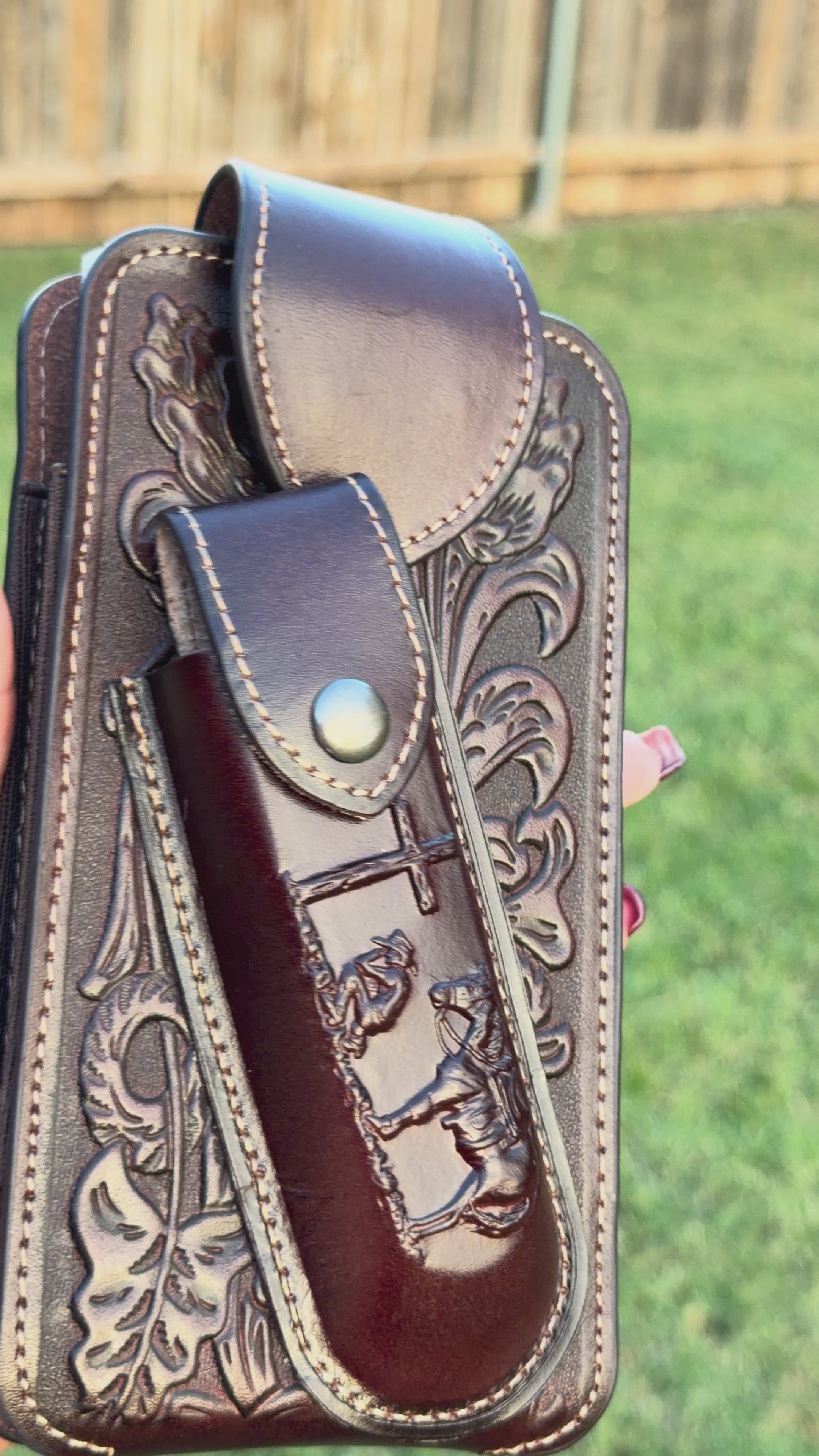 Western Tooled Leather Cell Phone Holster with Belt Loop & Knife Sheath – Handmade Cowboy Phone Holder