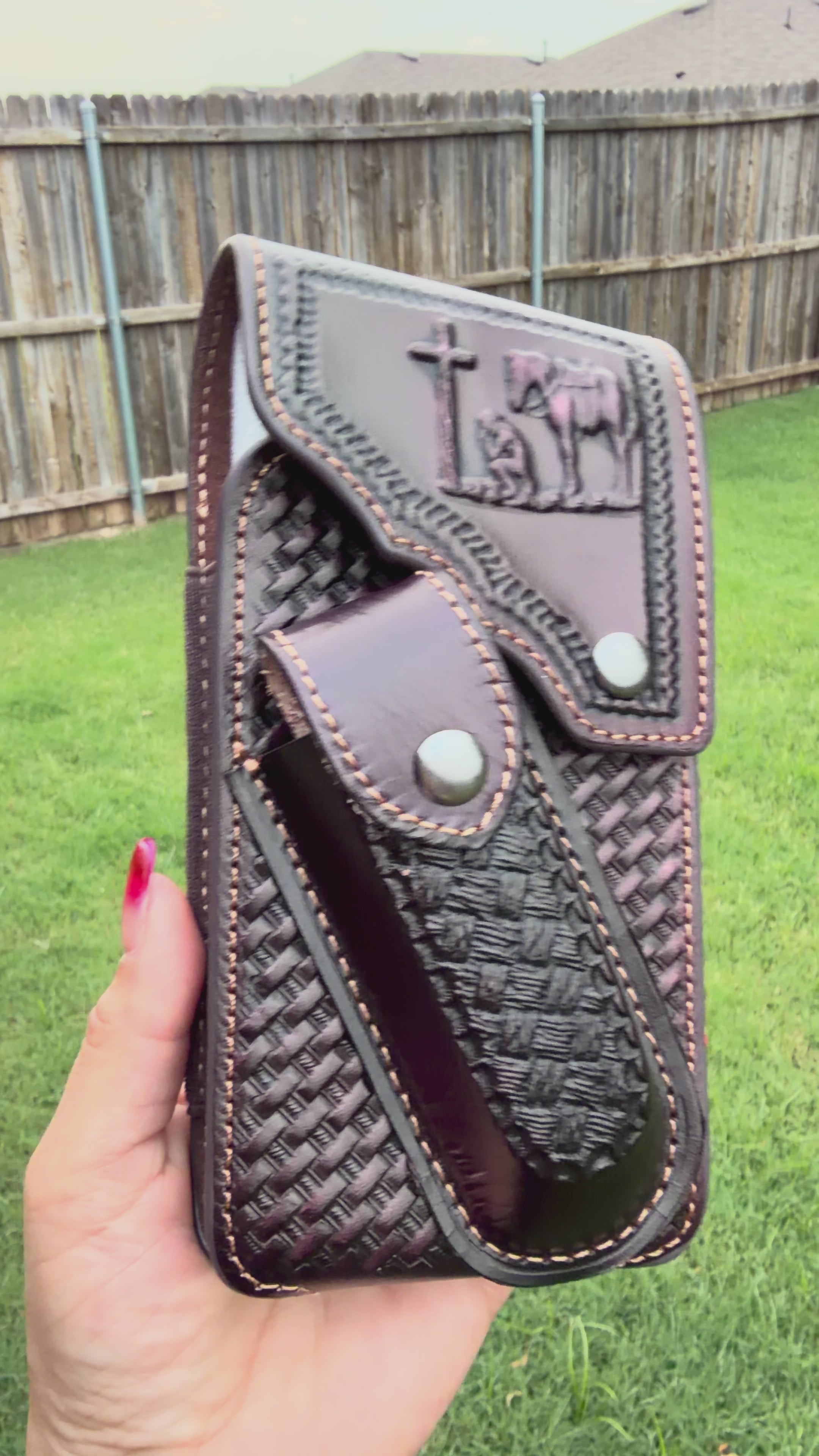 Genuine Leather Cell Phone Holster Belt Pouch – Christian Cross, Cowboy & Horse Tooled Design