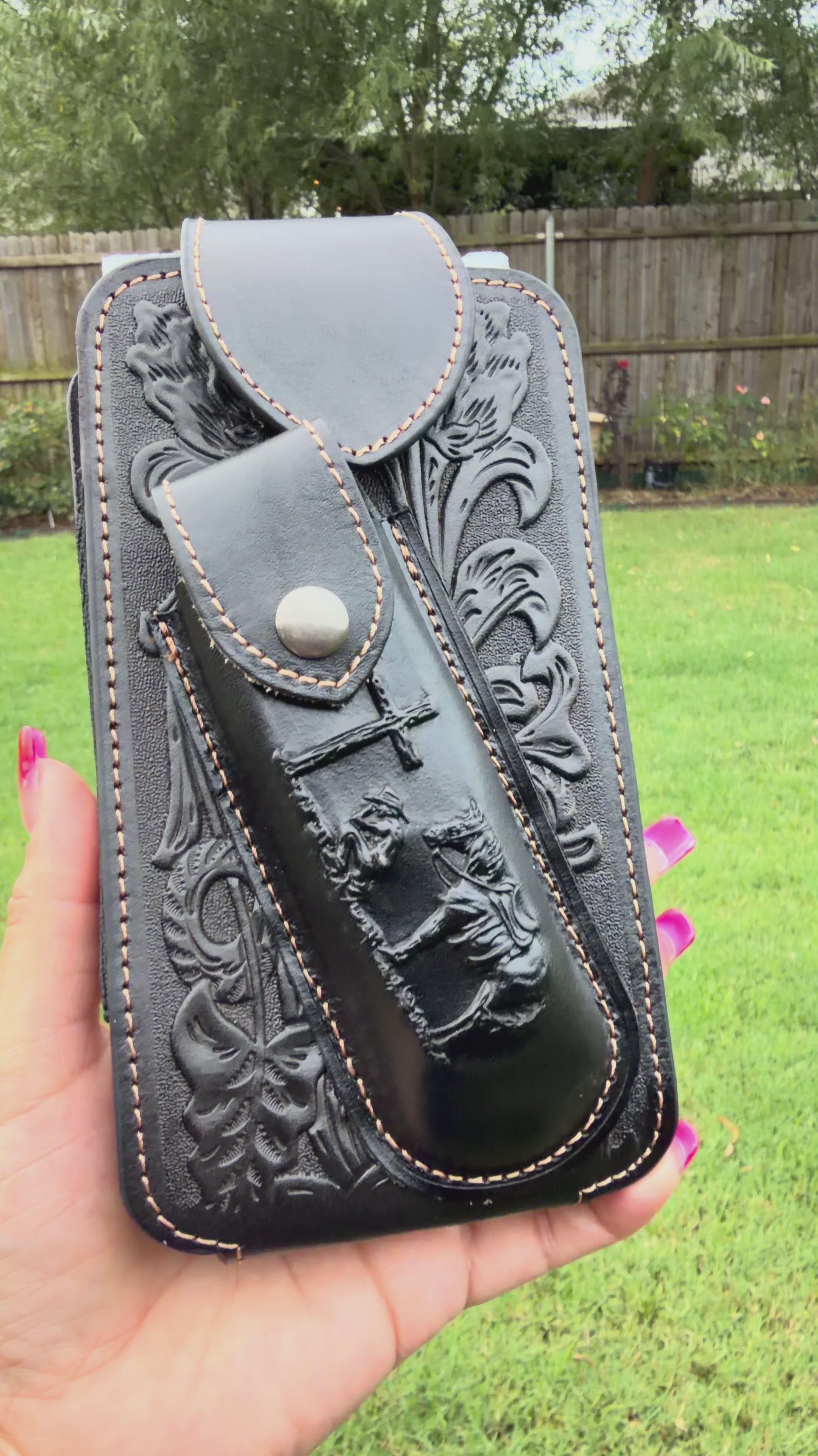 Black Genuine Leather Cell Phone and Knife Holster Pouch