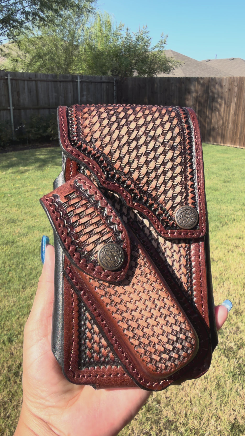Leather Cellphone Holster with Utility Pocket – Brown Basket-Weave Belt Pouch