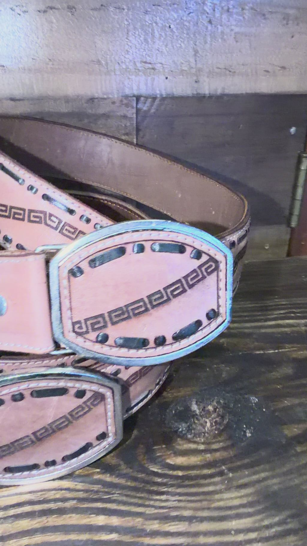 Geuine Leather Western Belt with Tooled Greek Key Design Cowboy Belt for Men & Women