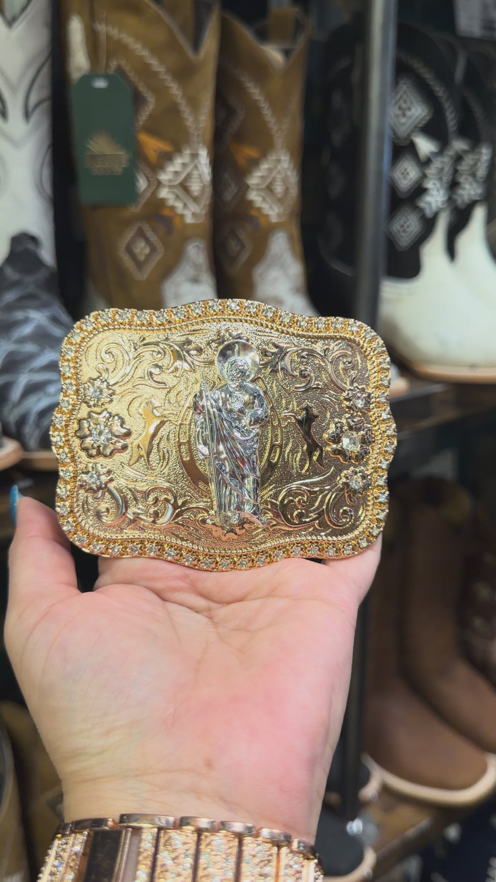 Western Saint Jude Rhinestone Belt Buckle for Men and Women