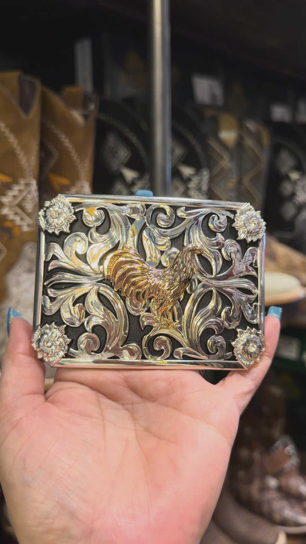 Western Rooster Engraved Belt Buckle for Men & Women – Silver Tone with Gold Rooster Accent