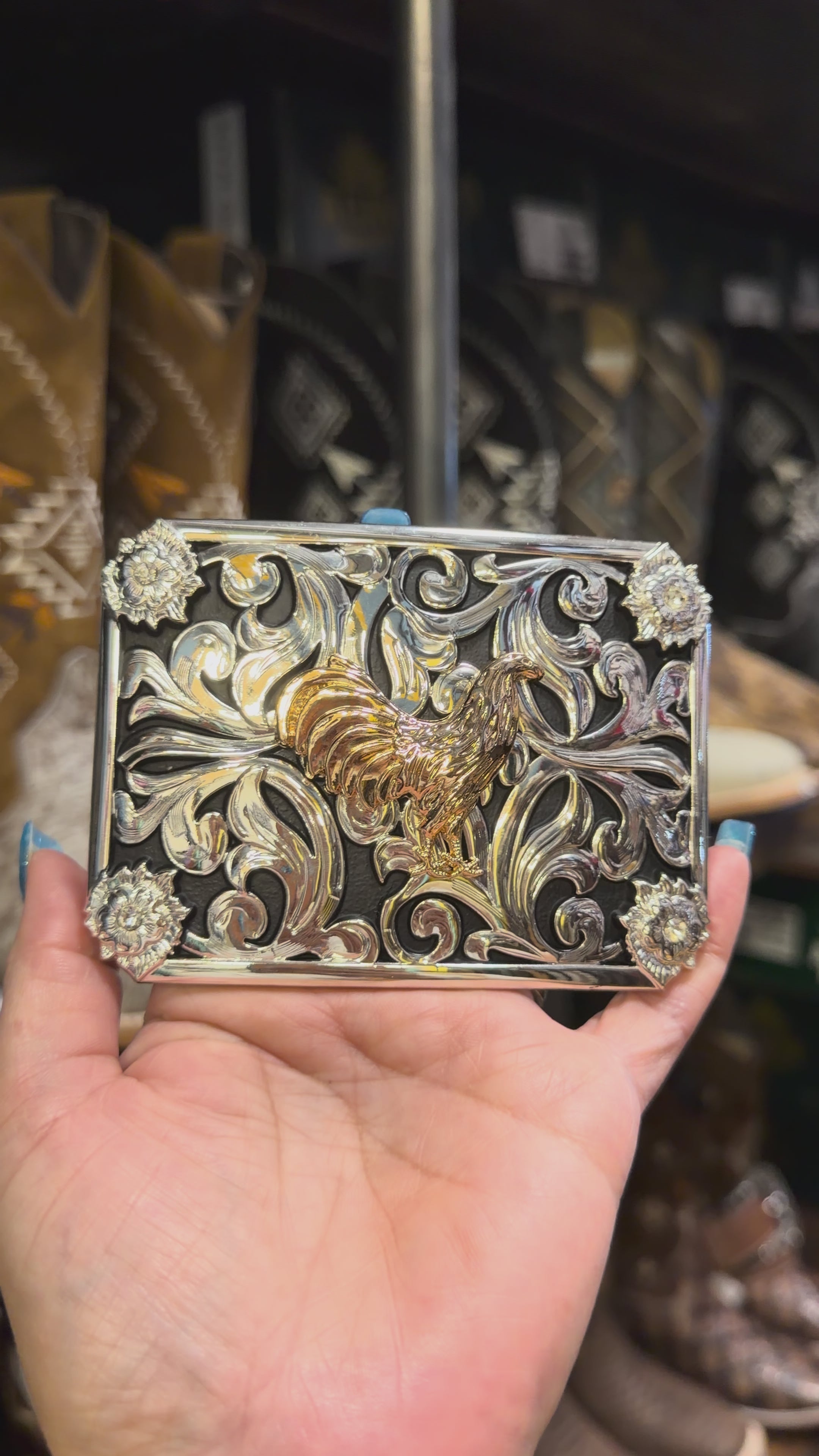 Western Rooster Engraved Belt Buckle for Men & Women – Silver Tone with Gold Rooster Accent