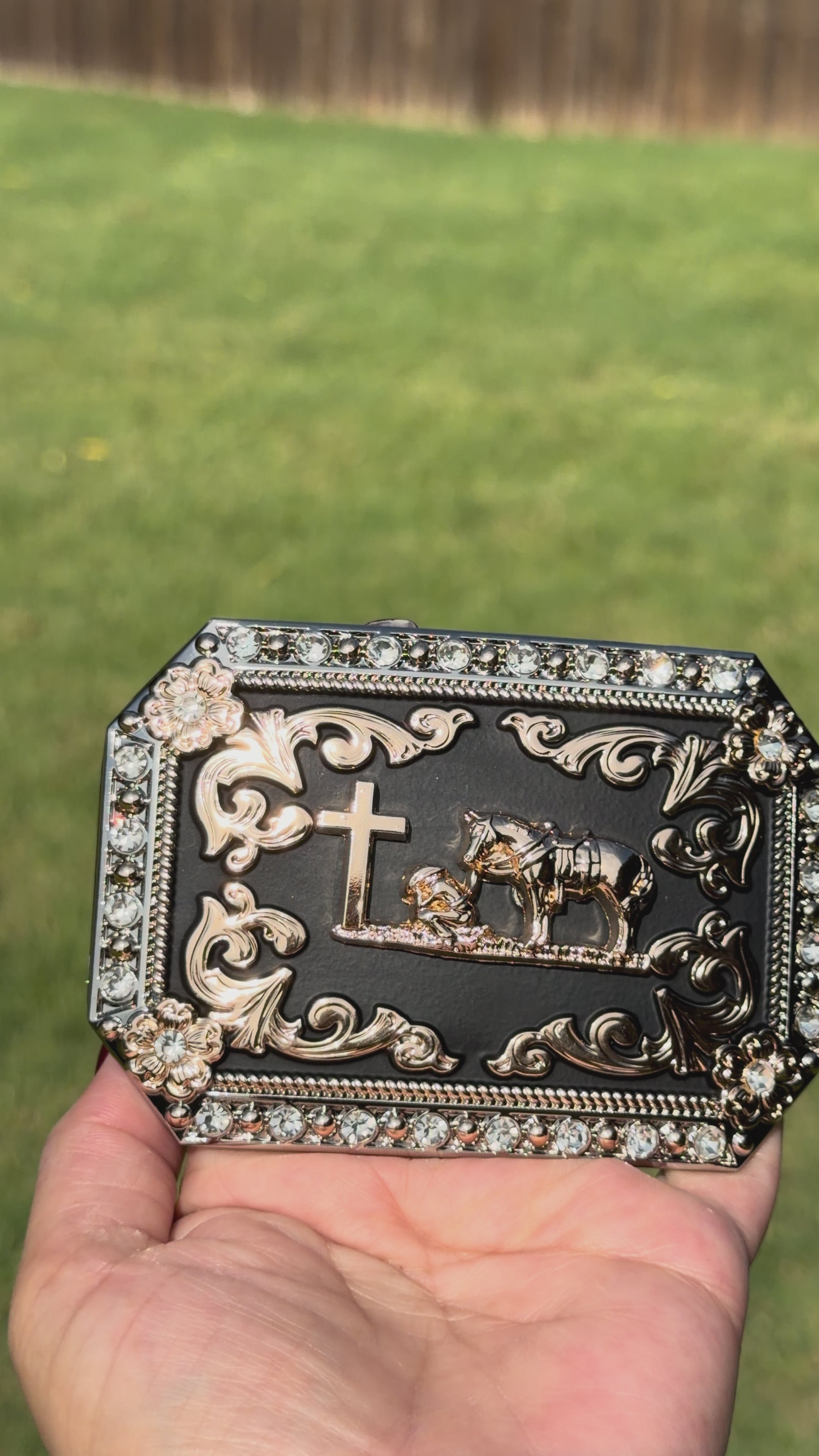 Western Cross Cowboy Belt Buckle with Horse & Cowboy Prayer – Black & Gold Rhinestone Rodeo Buckle