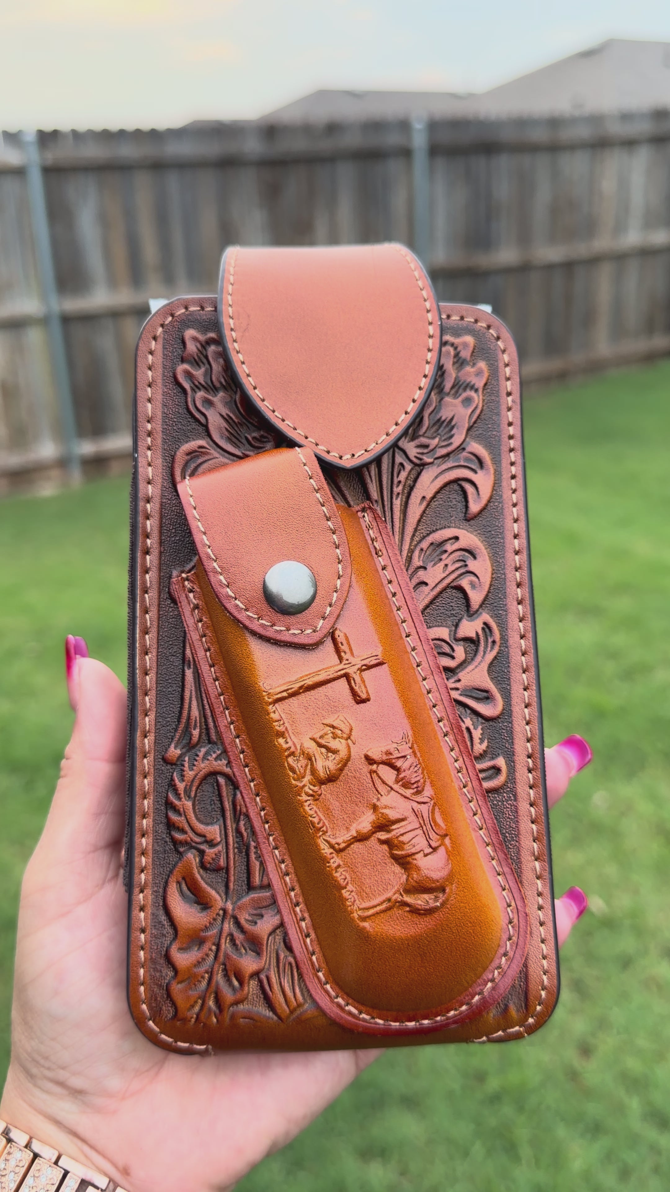 Western Genuine Leather Cell Phone Holster Belt Pouch with Cross &amp; Cowboy Design – Magnetic Flap &amp; Knife Holder