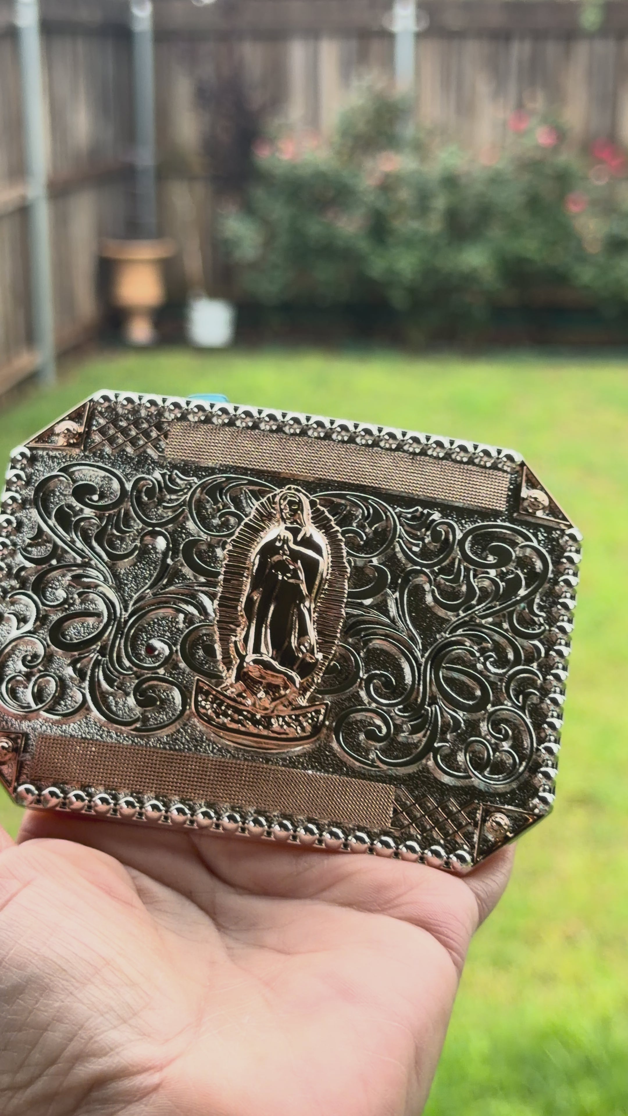 Western Belt Buckle with Virgen de Guadalupe Engraved Design