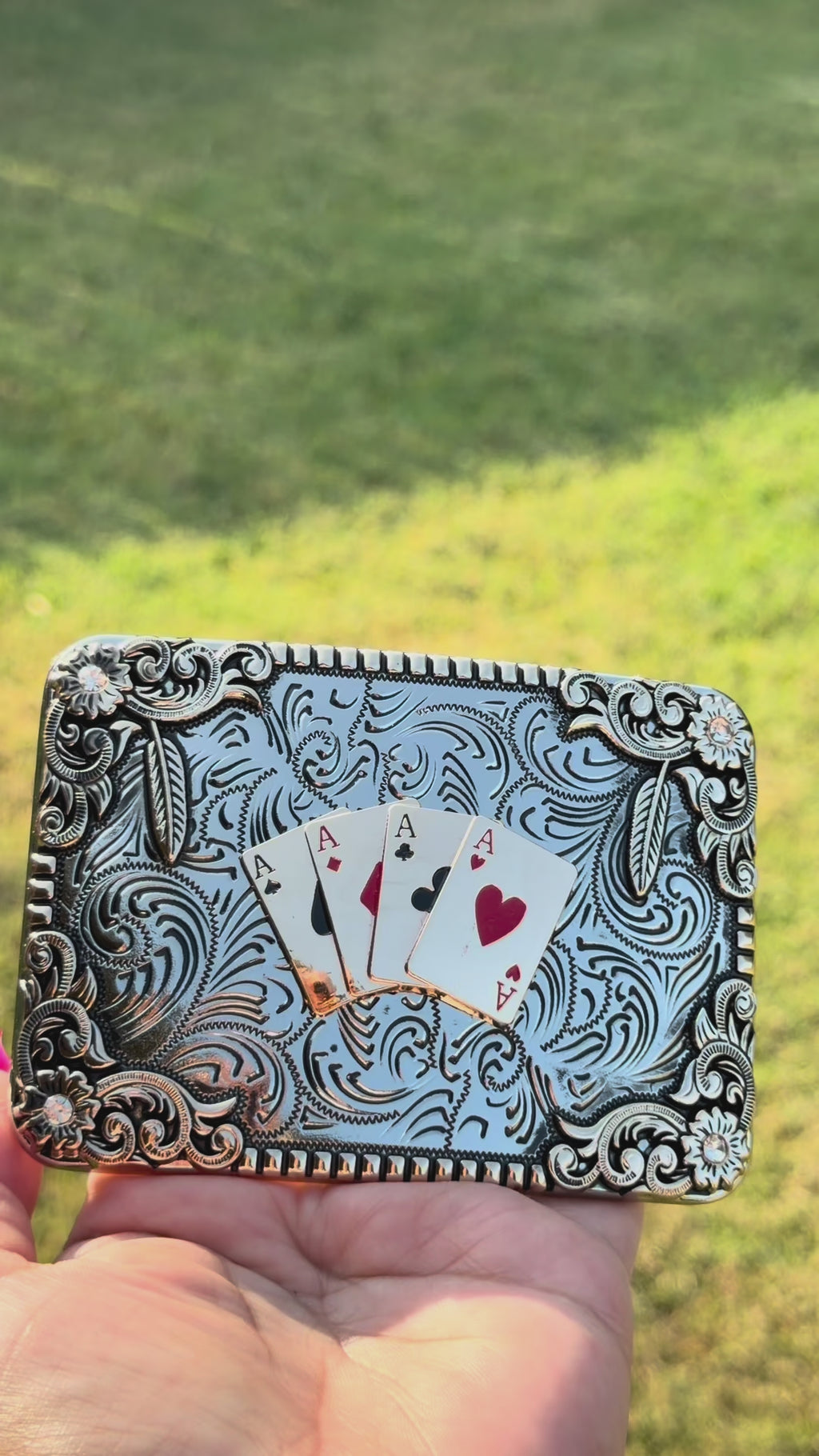 Four Aces Western Belt Buckle with Floral Scroll Design