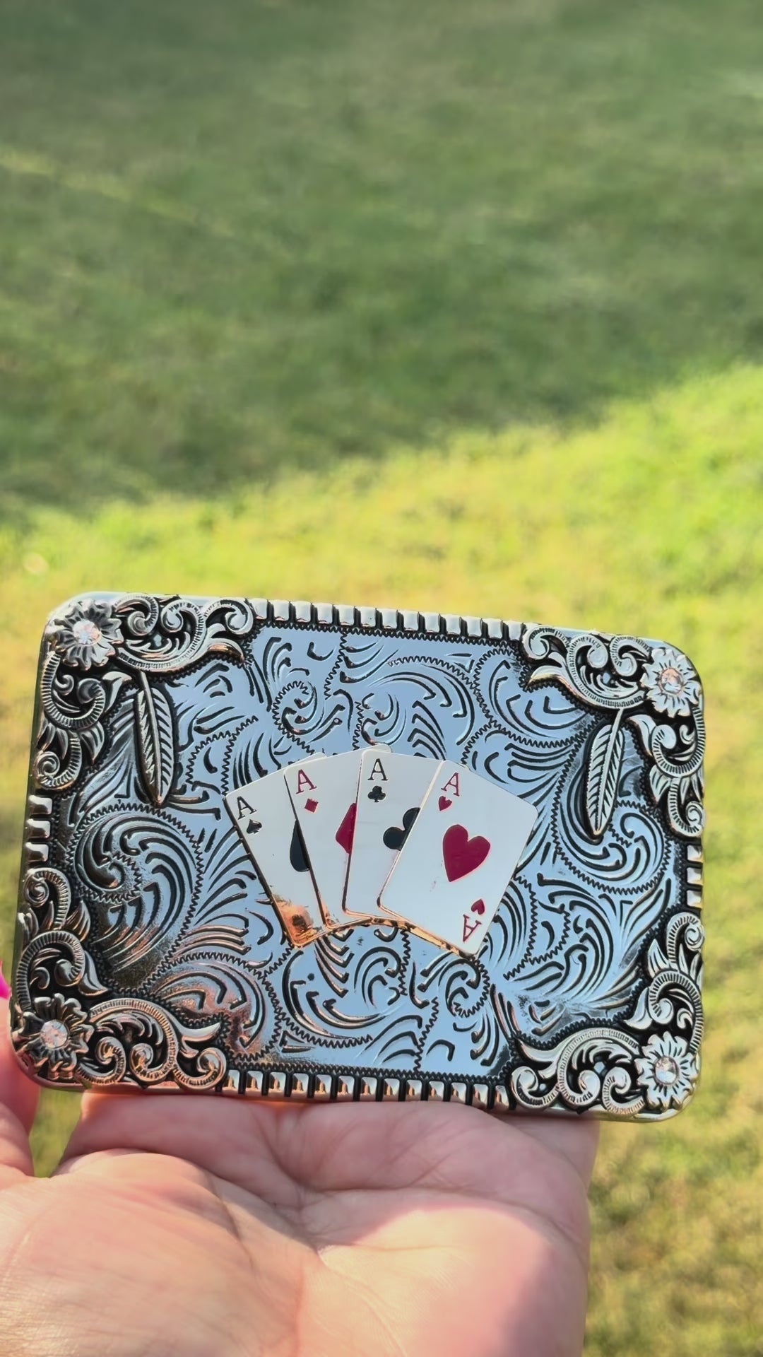 Four Aces Western Belt Buckle with Floral Scroll Design