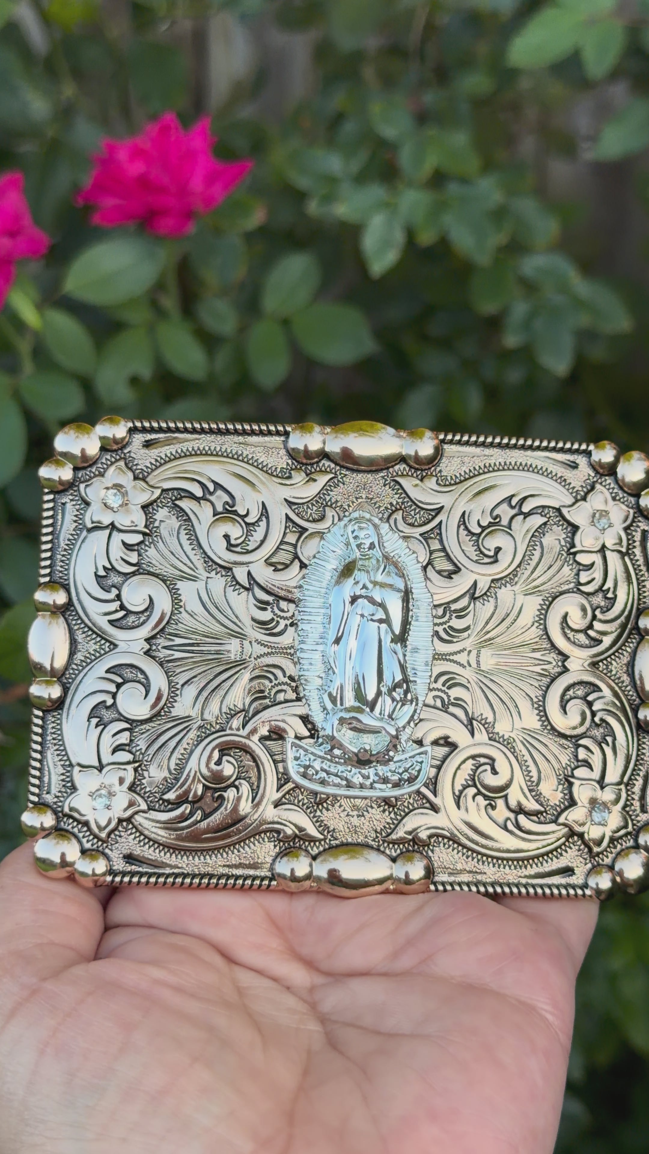 Western Virgin Mary Belt Buckle – Vintage Engraved Cowboy Buckle with Rhinestone Accents