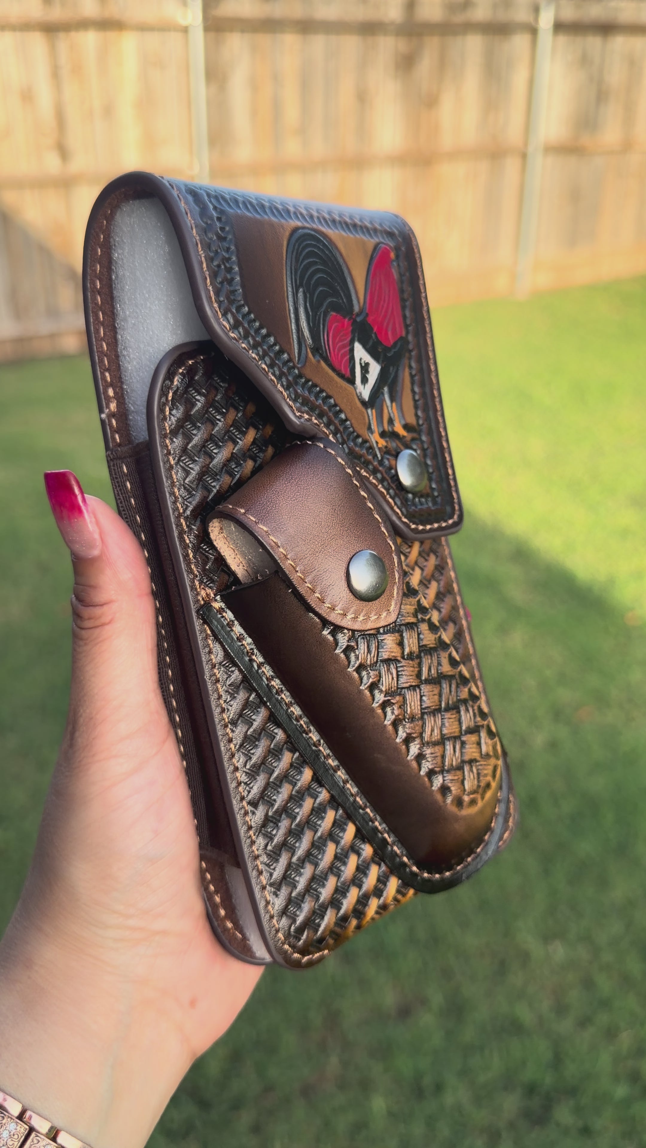 Leather Cell Phone Holster with Knife Sheath – Western Rooster Tooled Belt Pouch for Men