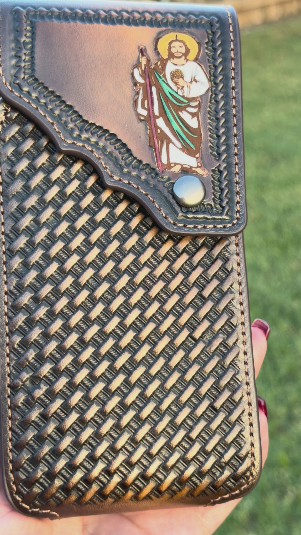 Leather Phone Holster with Saint Jude Design