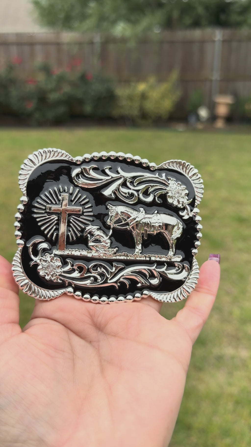 Western Cowboy Belt Buckle Cross &amp; Horse Engraved | Silver Black Rodeo Style