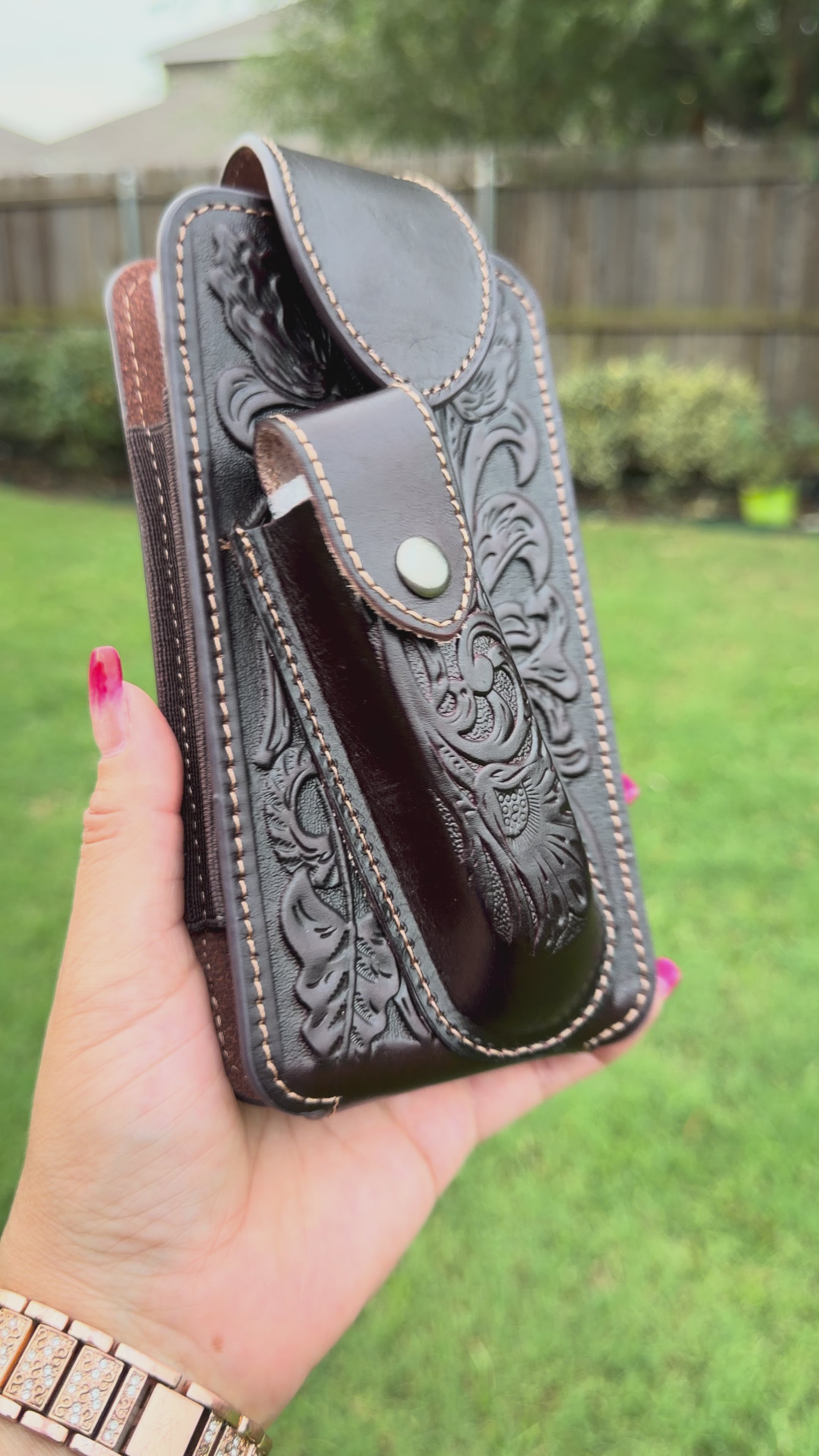 Western Tooled Leather Cell Phone Holster Belt Pouch with Magnetic Flap & Knife Holder – Brown