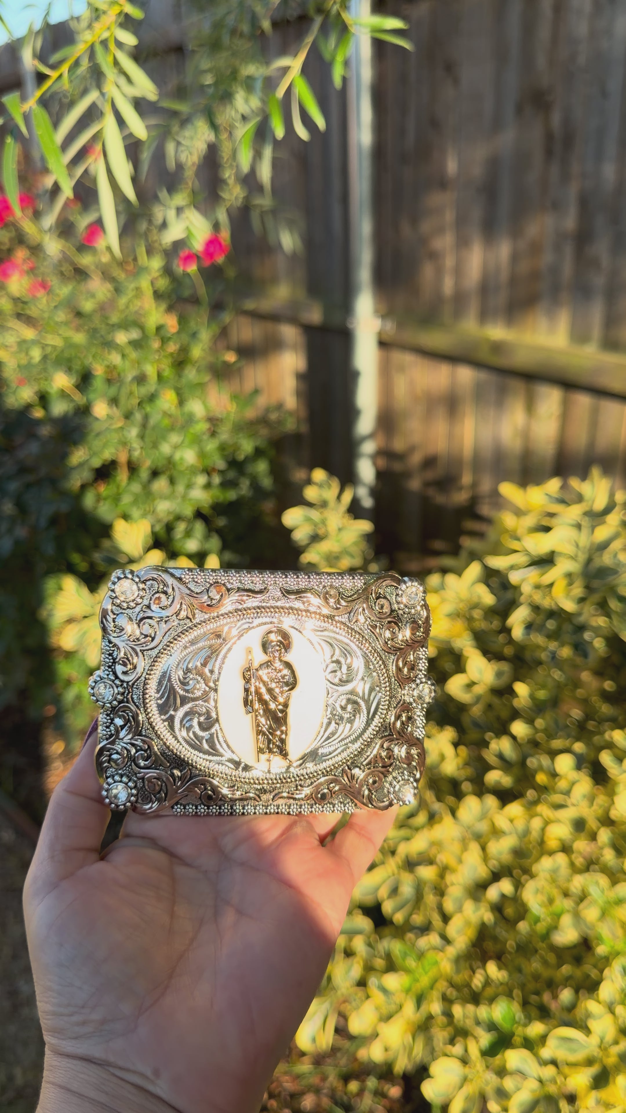 Western Saint Jude Belt Buckle for Men & Women – Silver Engraved Cowboy Buckle with Stud Detail